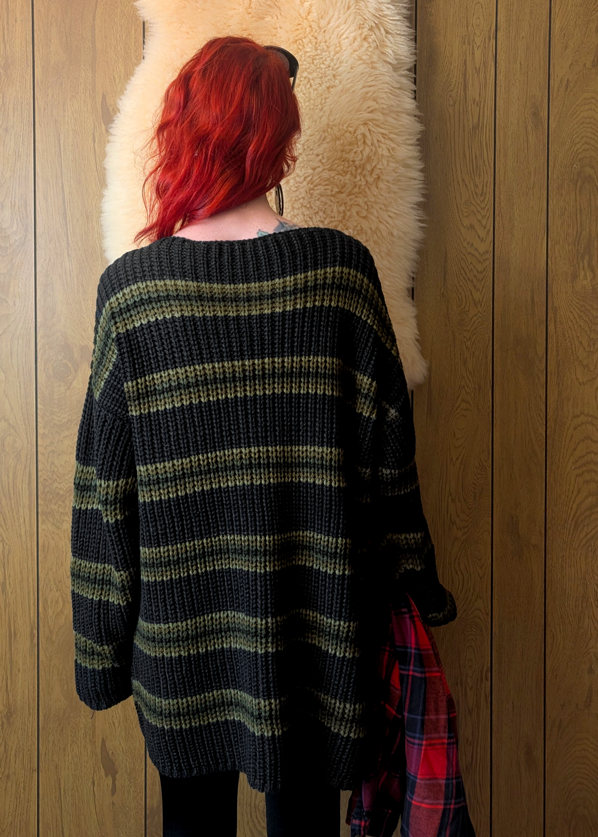 Idol Charcoal and Olive Green Stripe Oversized Knit Grunge Tunic Sweater Dress by Ragged Priest S Idol Charcoal and Olive Green Stripe Oversized Knit Grunge Tunic Sweater Dress by Ragged Priest S