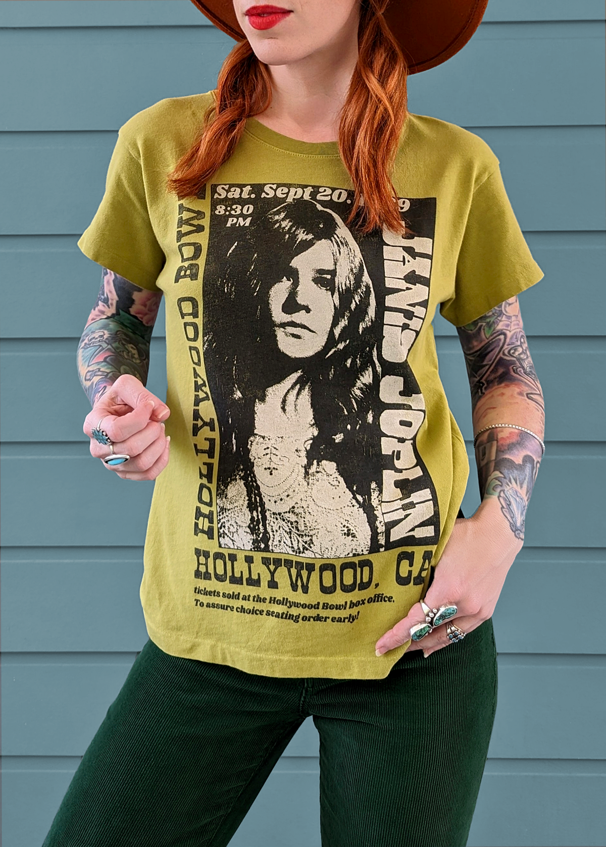 60s inspired Janis Joplin Hollywood Bowl 1969 Concert Poster tee in moss green by daydreamer la, officially licensed and made in california