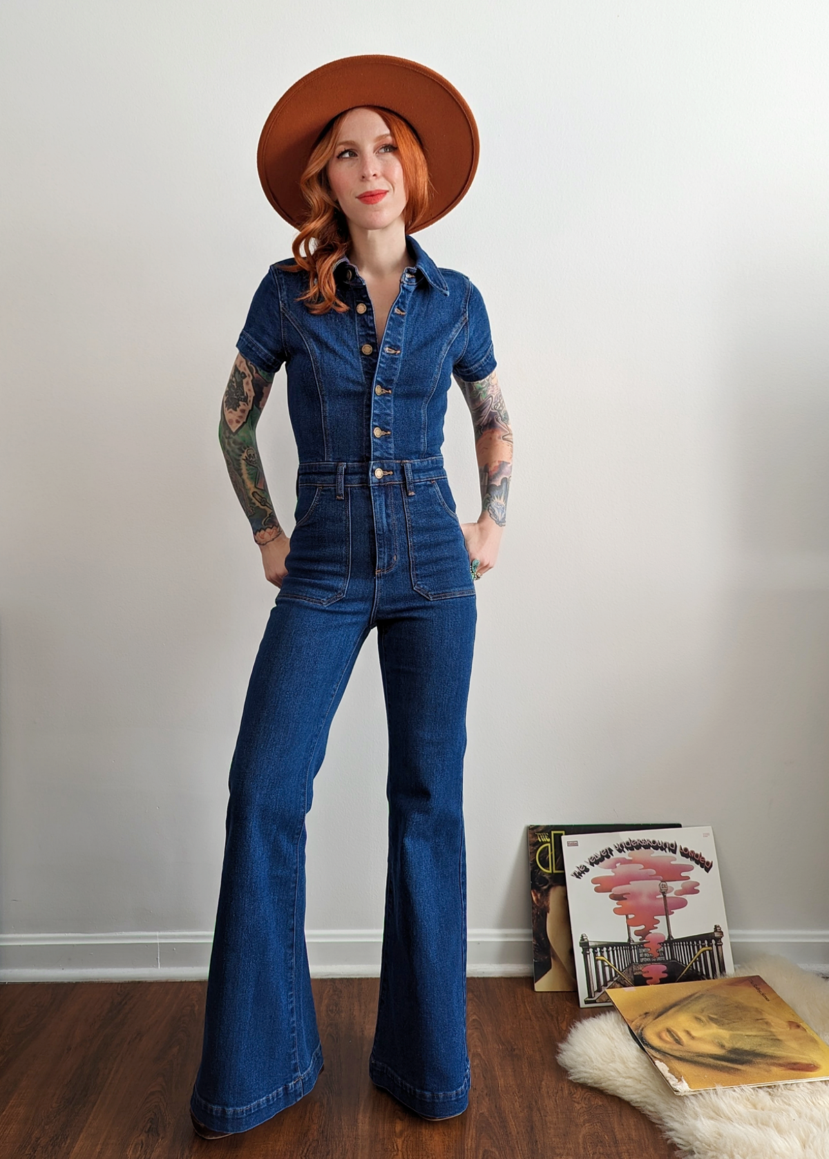 70s inspired stretch blue denim Eastcoast Flare Jumpsuit with collar and button front by Rolla's Jeans