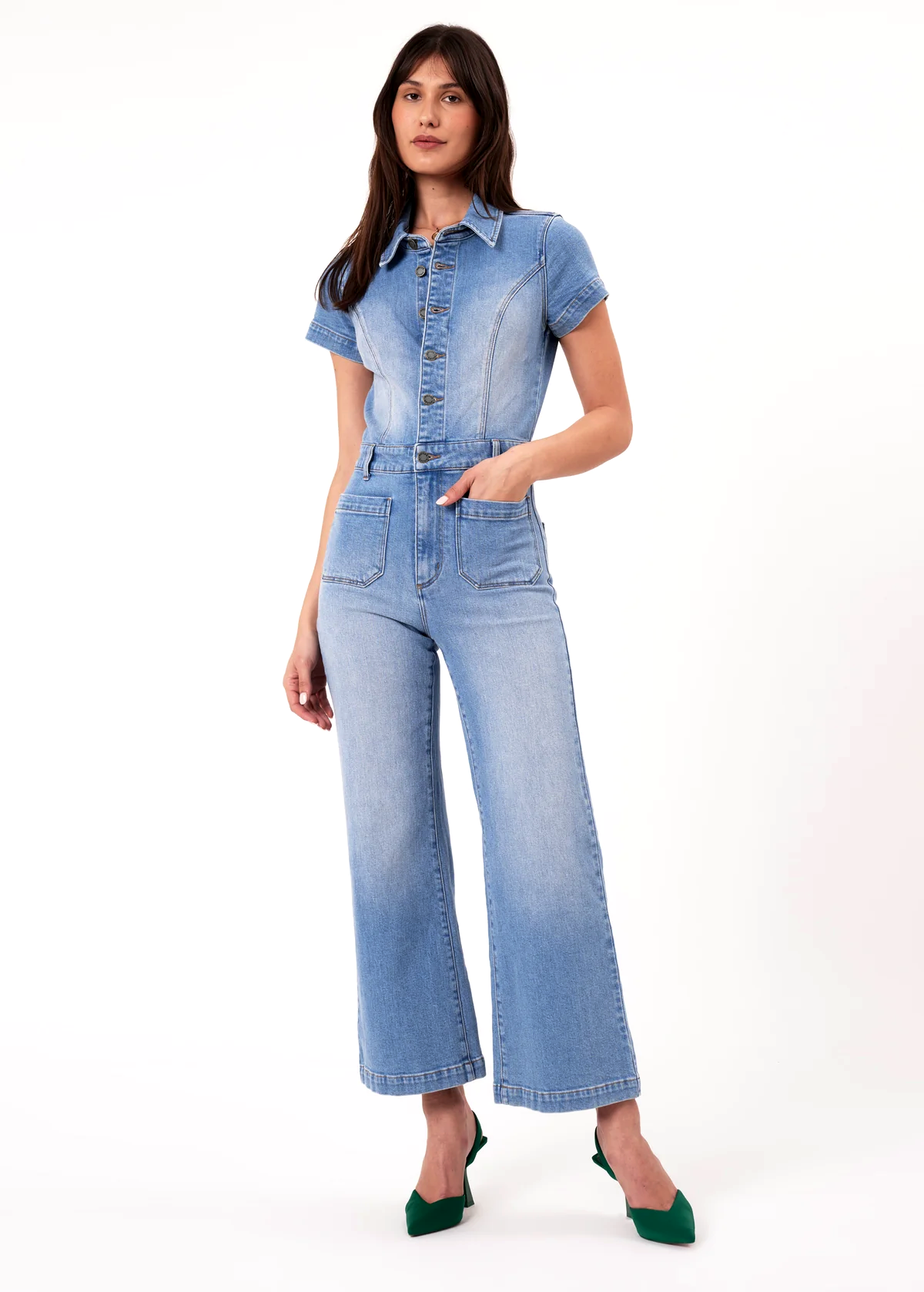 ★rolarola★ DENIM OVERALL ONEPIECE BLUE Ranch Blue Stretch Denim Sailor Jumpsuit By Rolla's Jeans