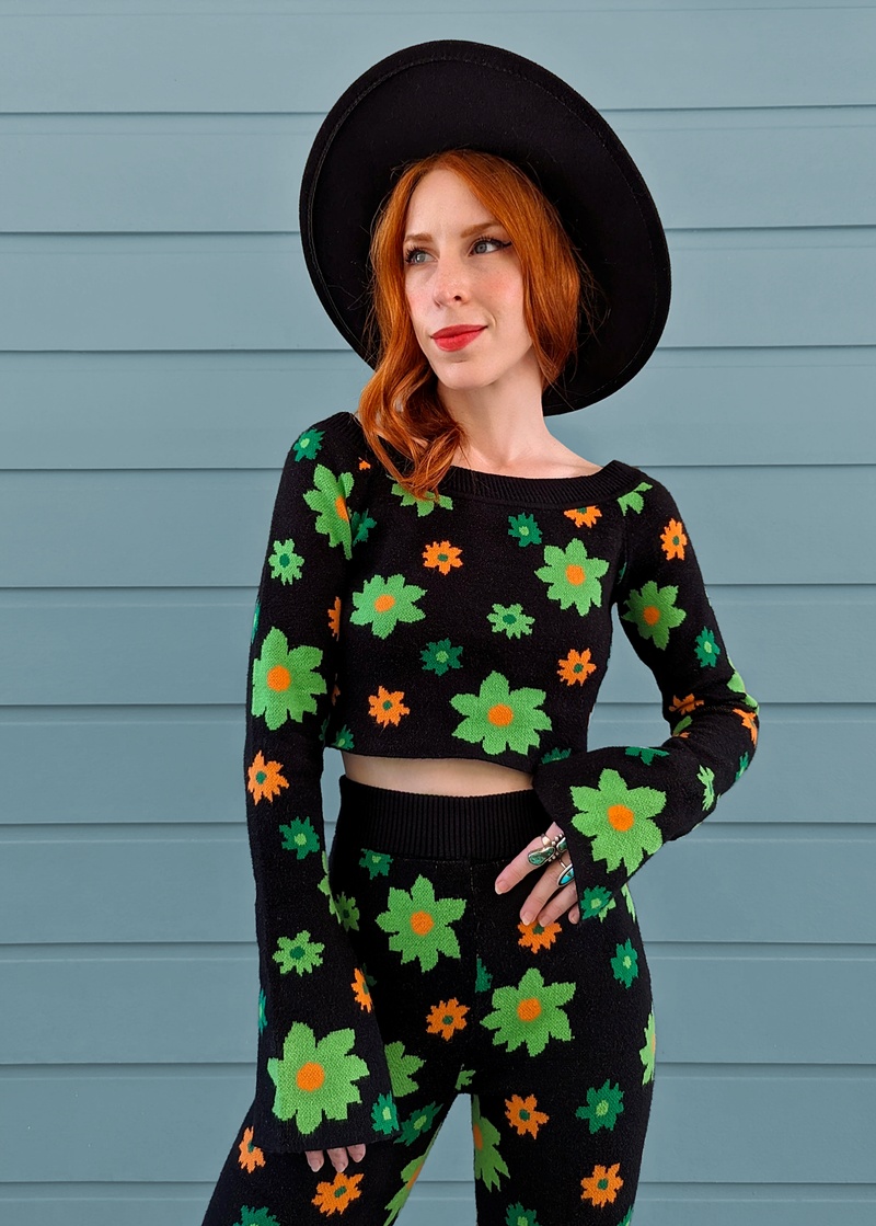 Midnight Garden Bell Sleeve Knit Crop Top