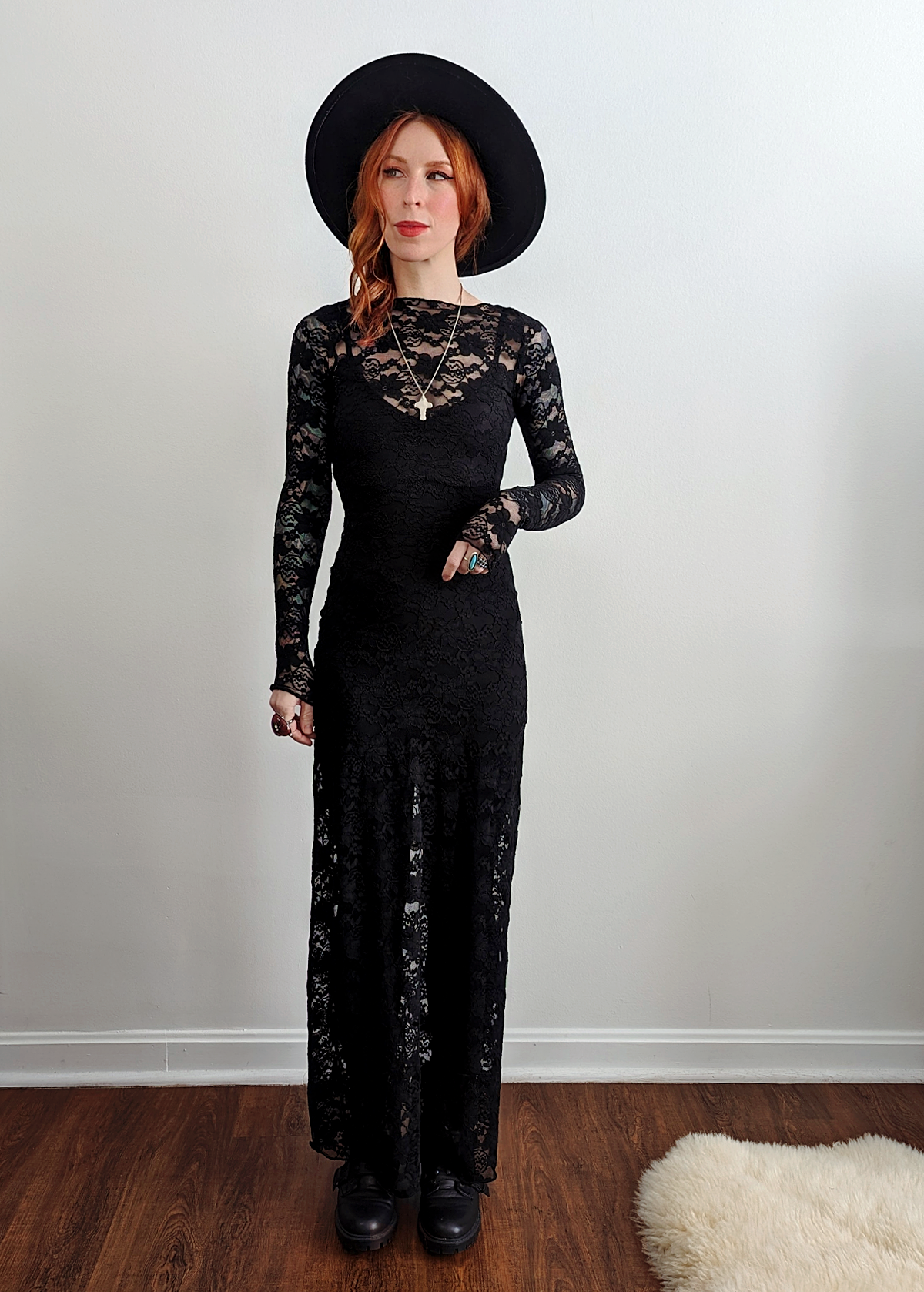 Gothic, Romantic 90s inspired black stretch floral lace long sleeve maxi dress, unlined, sheer, by Motel Rocks