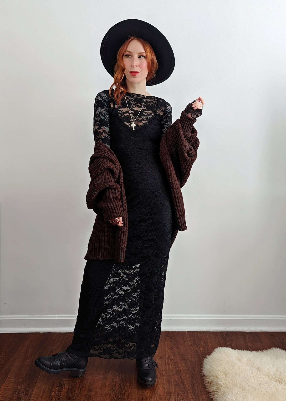 Gothic, Romantic 90s inspired black stretch floral lace long sleeve maxi dress, unlined, sheer, by Motel Rocks