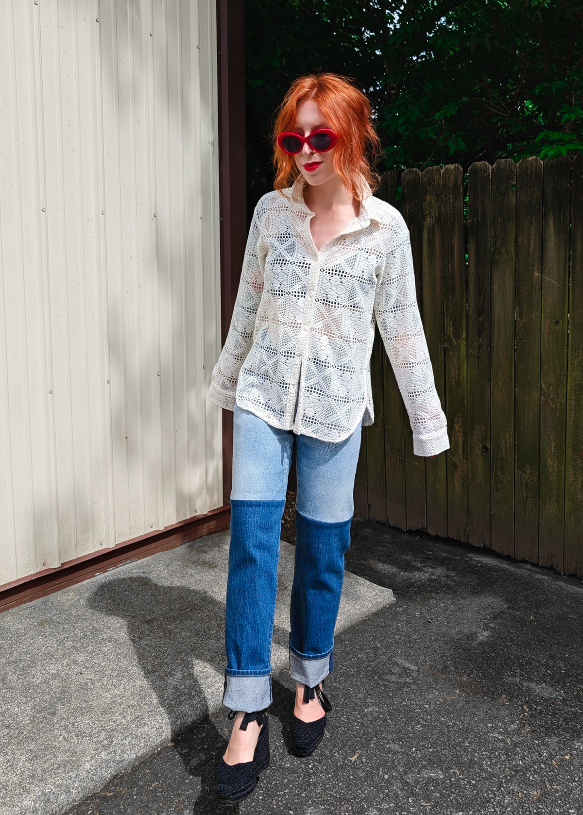 Rolla's Jeans Original Straight Leg in Brent Splice Patchwork worn cuffed with a lace blouse
