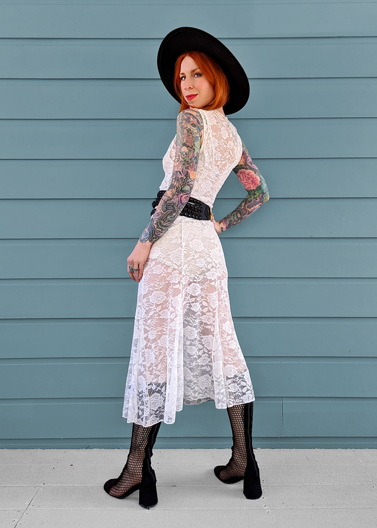 90s inspired sheer unlined white lace floral midi dress with sleeveless design and deep-v neckline by Motel Rocks