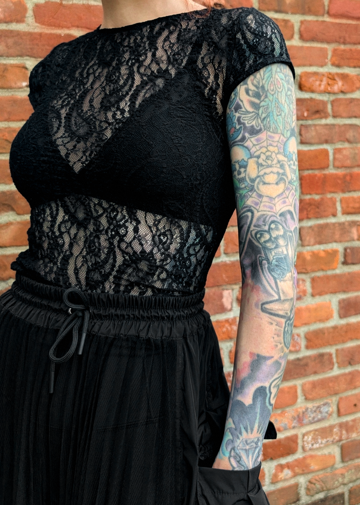 Sheer Black Paisley Lace Short Sleeve Top by Esthe, ethically made in Greece XL