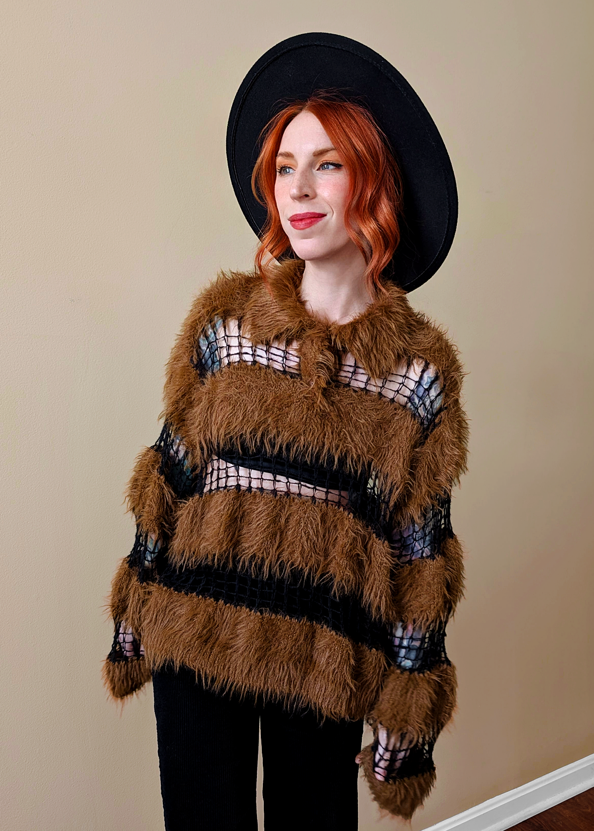 Lapse Fuzzy Open Knit Polo Sweater
