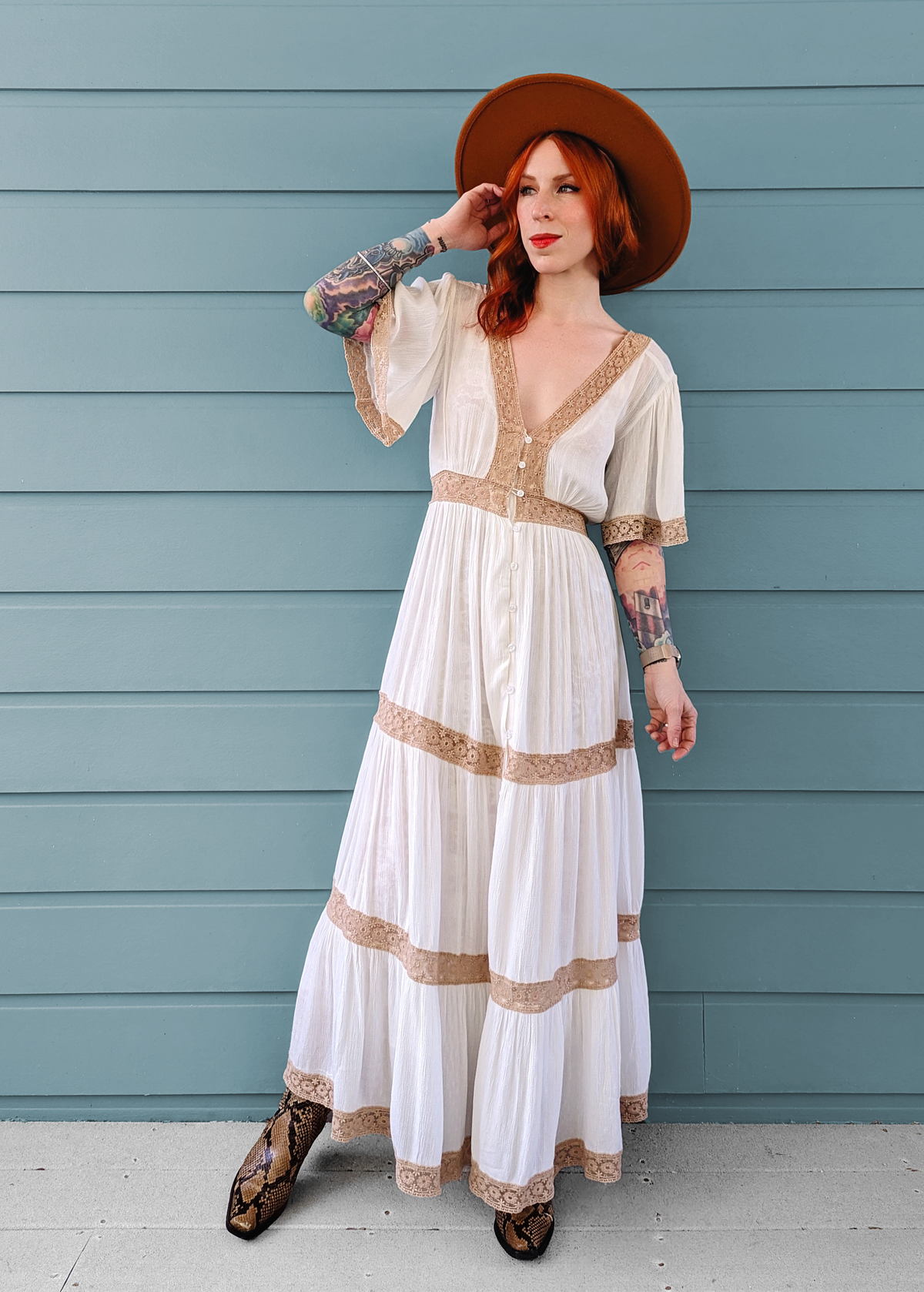 70s inspired Laurel Canyon Ivory Gauze and Lace Prairie Midi Sheer Dress by Band of the Free 