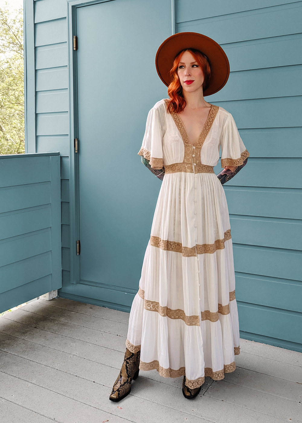 70s inspired Laurel Canyon Ivory Gauze and Lace Prairie Midi Sheer Dress by Band of the Free 