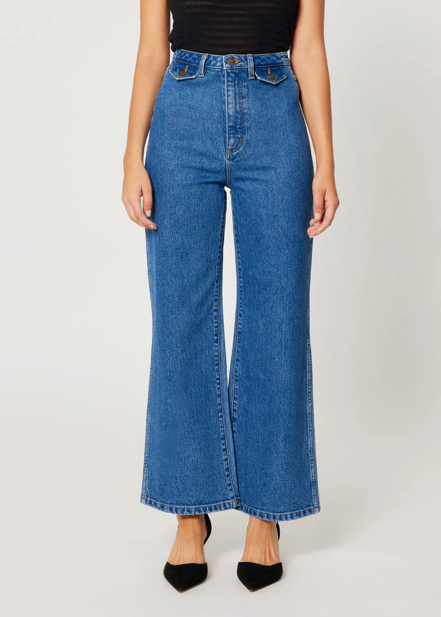 ★rolarola★ DENIM PLEATS ONEPIECE BLUE Lia Blue Denim Sailor Flare Jean with Button Flap Pockets by