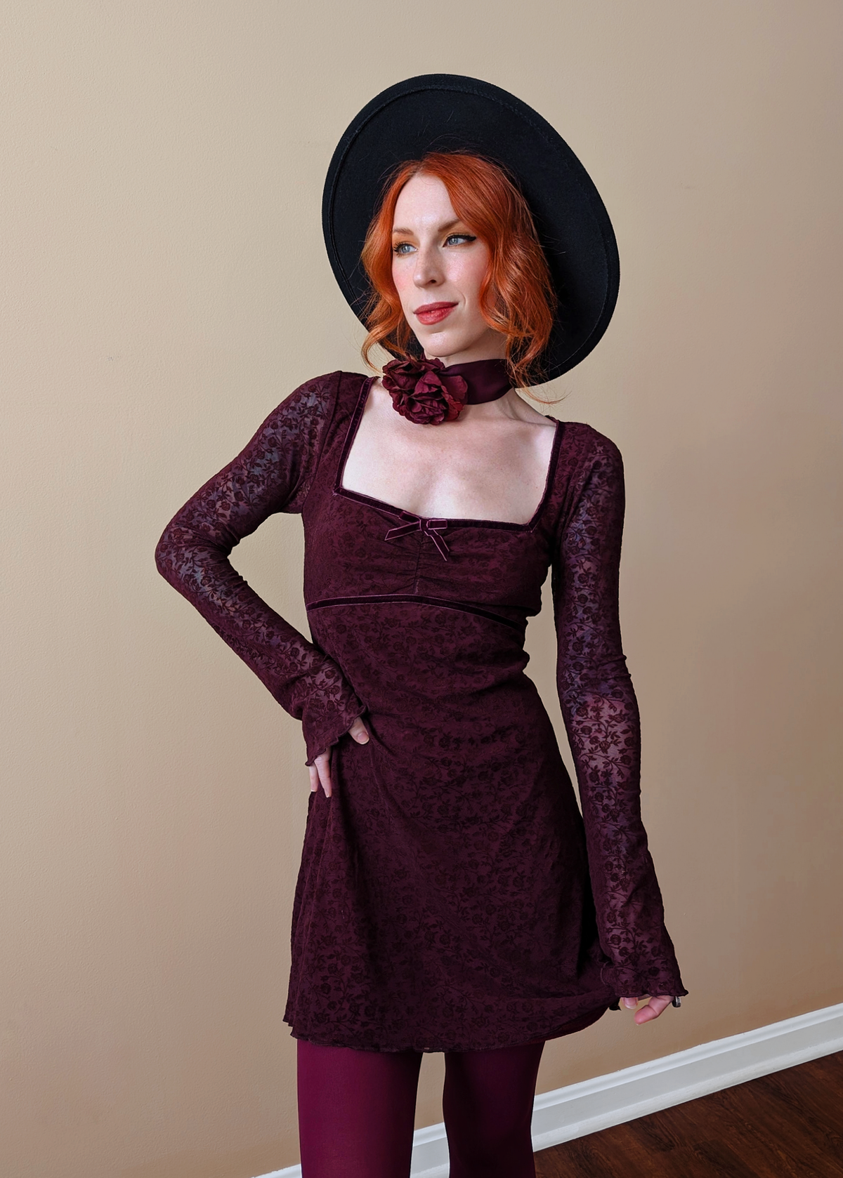 Lilith Burgundy Floral Mesh Bell Sleeve Mini Dress