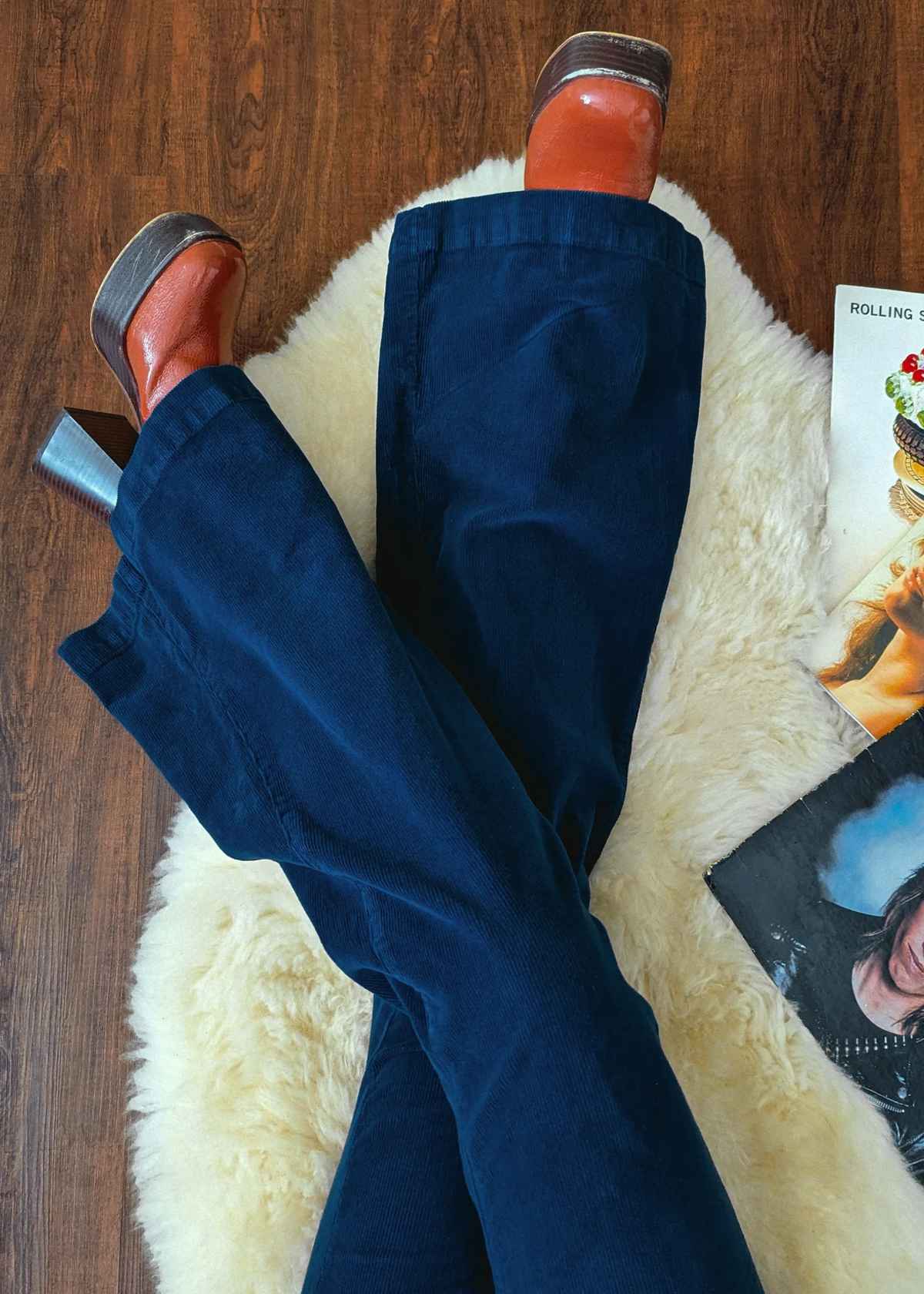 Rolla's Jeans Marine Blue Corduroy Eastcoast Flare: 70s inspired bell bottoms with a high rise waist, velvety soft thin wale corduroy, and a flare leg.