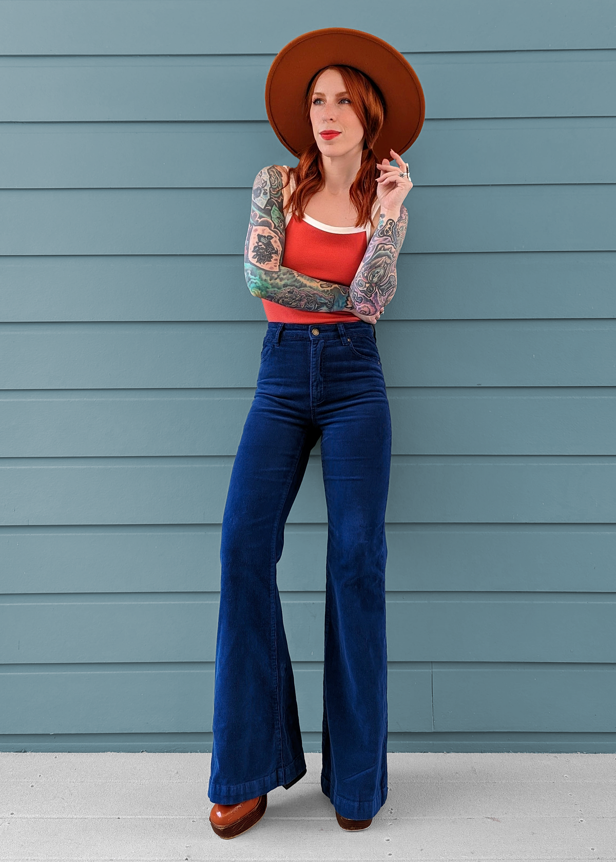 Rolla's Jeans Marine Blue Corduroy Eastcoast Flare: 70s inspired bell bottoms with a high rise waist, velvety soft thin wale corduroy, and a flare leg.