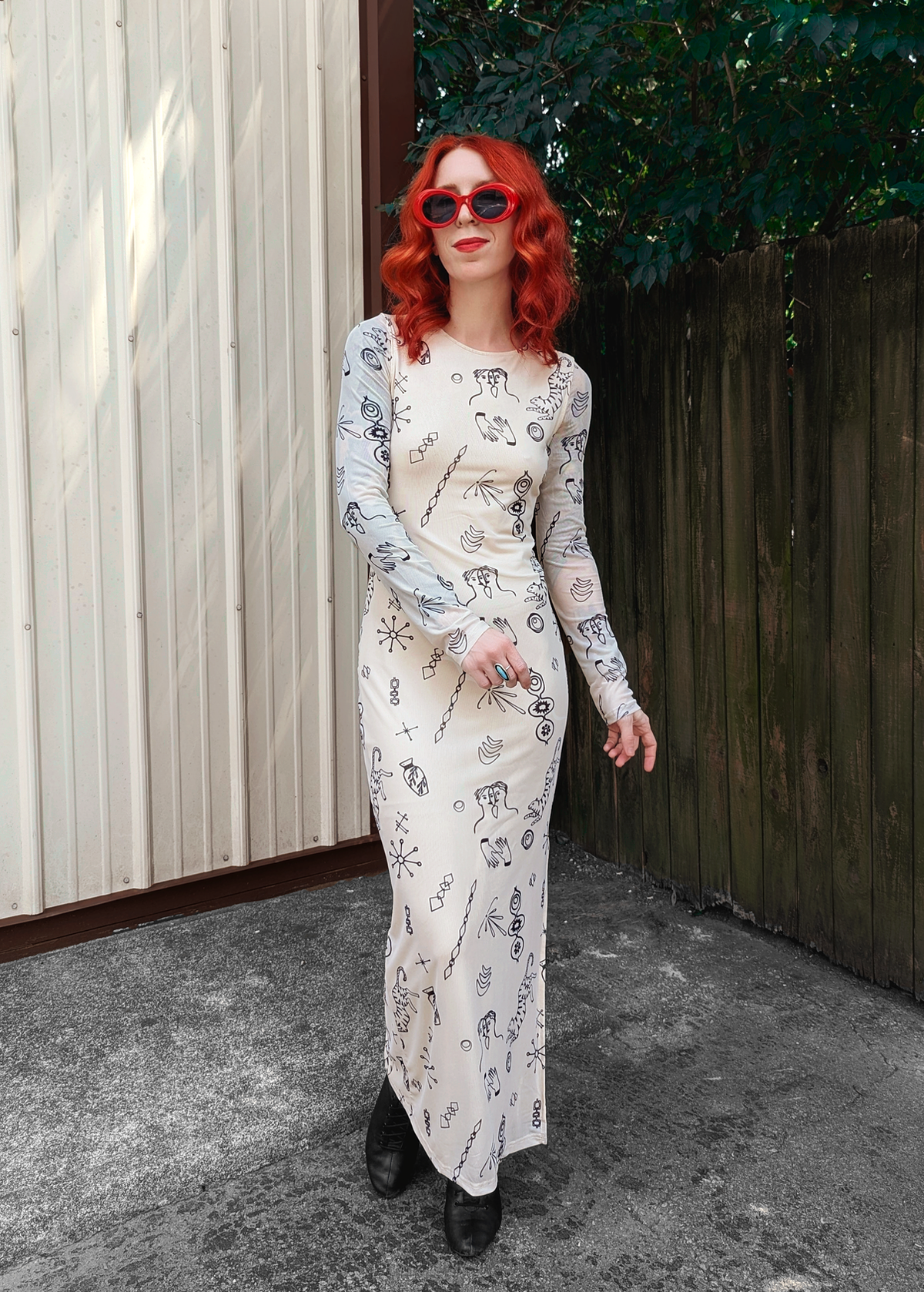 Doodle Print White and Black Long Sleeve Mesh Midi-Maxi Dress by Another Girl Xs Doodle Print White and Black Long Sleeve Mesh Midi-Maxi Dress by Another Girl Xs