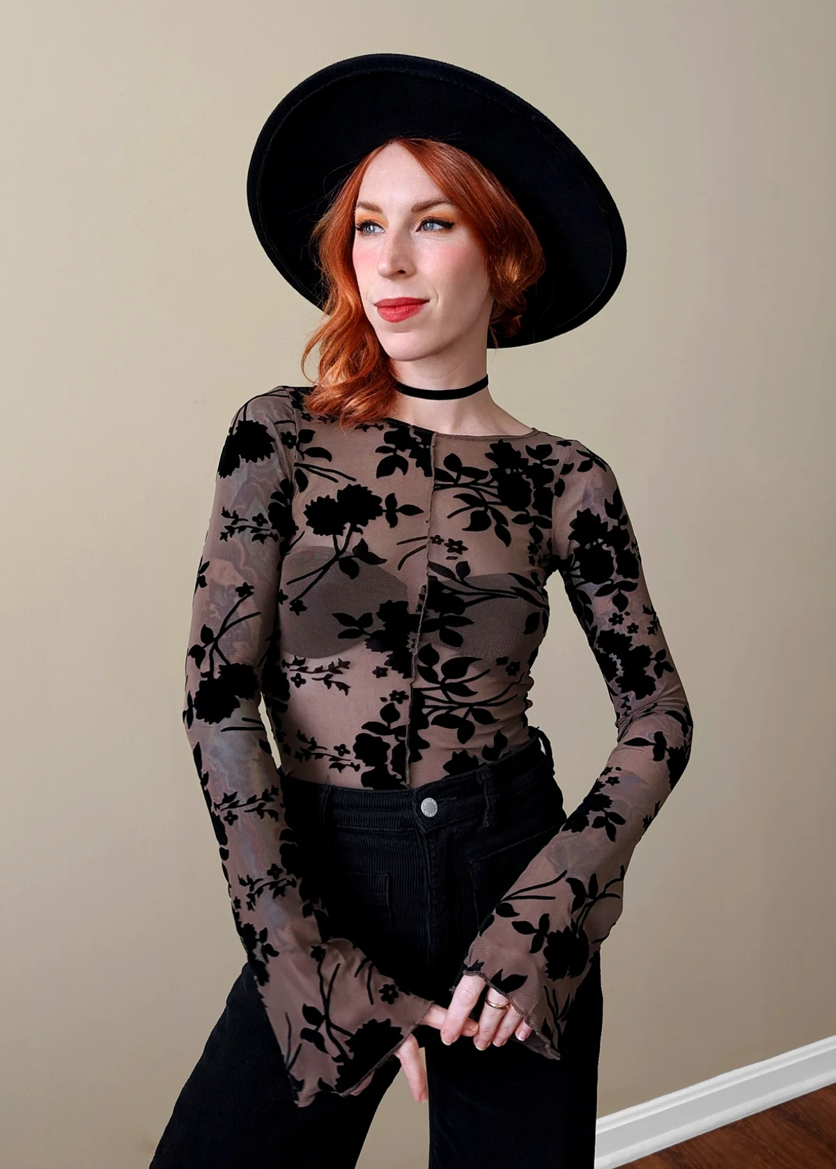Shadowboxer Floral Flocked Mesh Top