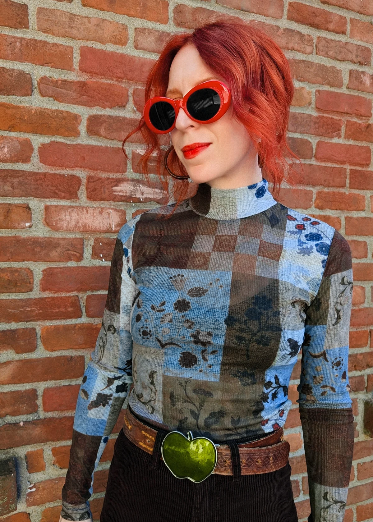 Patchwork Print Rib Mesh Mock Neck Top
