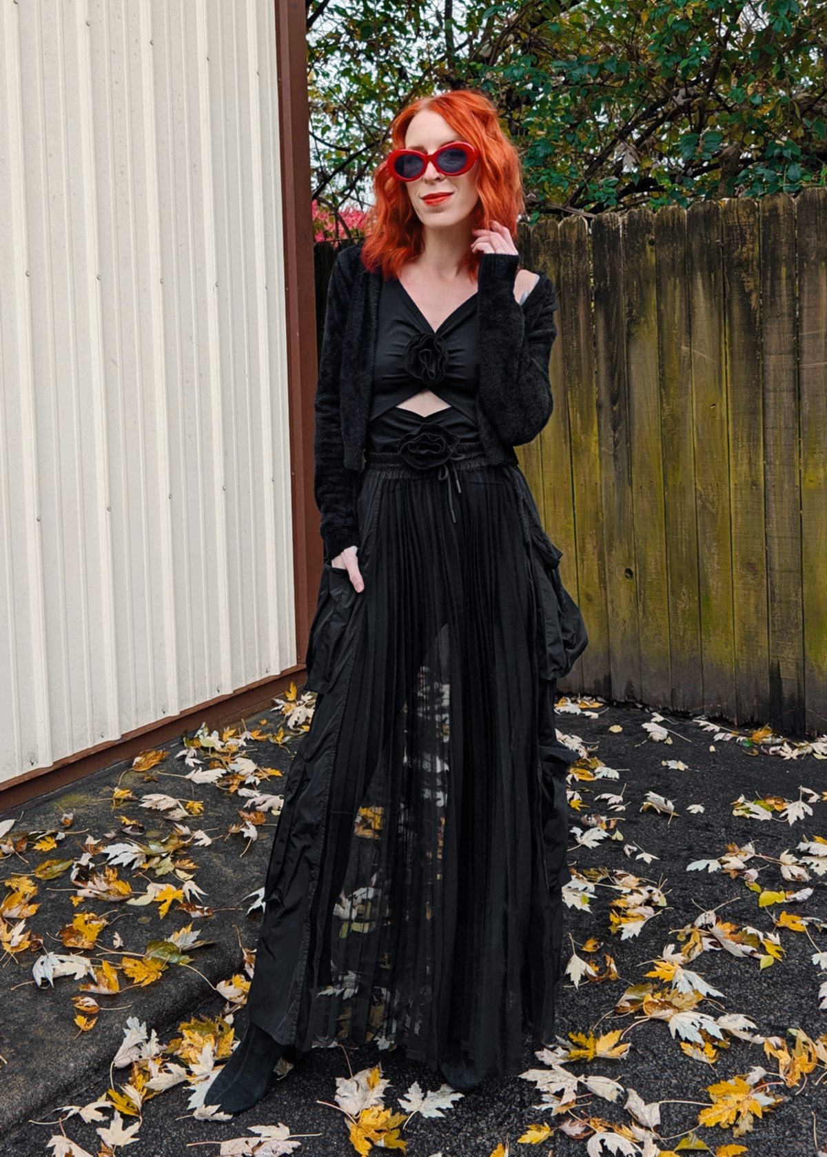 Pleated Sheer Mesh Cargo Midaxi Skirt