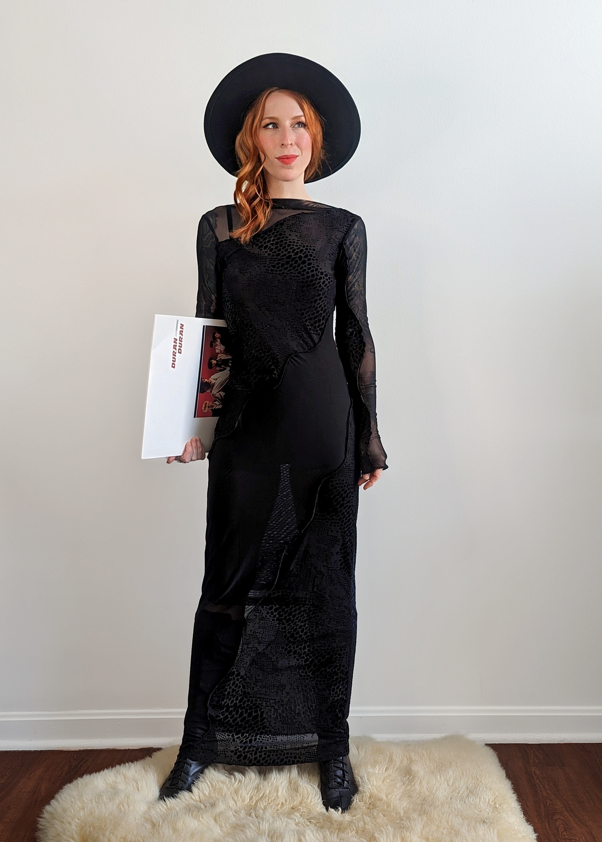 Black Gothic Slinky Stretch Mesh and Flocked Crocodile Expose Velvet Panel Long Sleeve Maxi Dress by Another Girl UK, ethically made with recycled materials