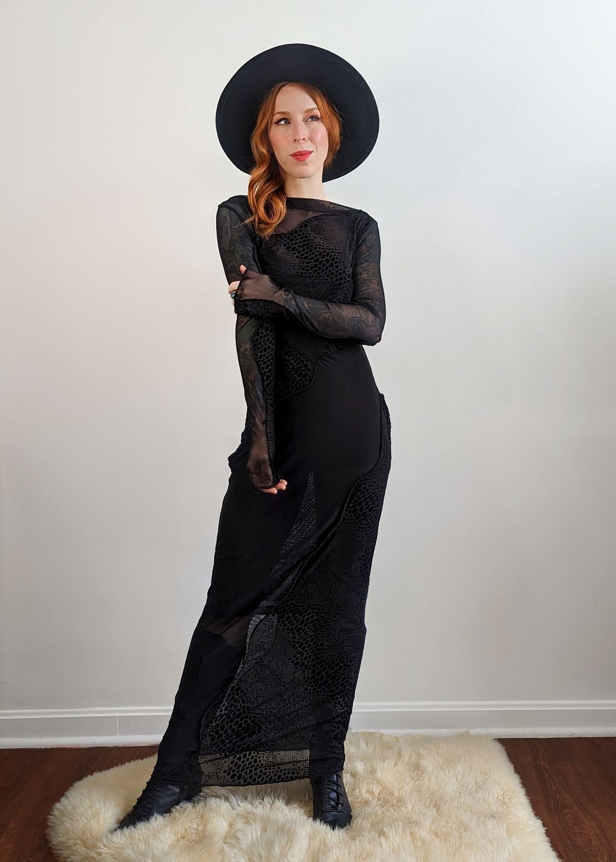 Black Gothic Slinky Stretch Mesh and Flocked Crocodile Expose Velvet Panel Long Sleeve Maxi Dress by Another Girl UK, ethically made with recycled materials