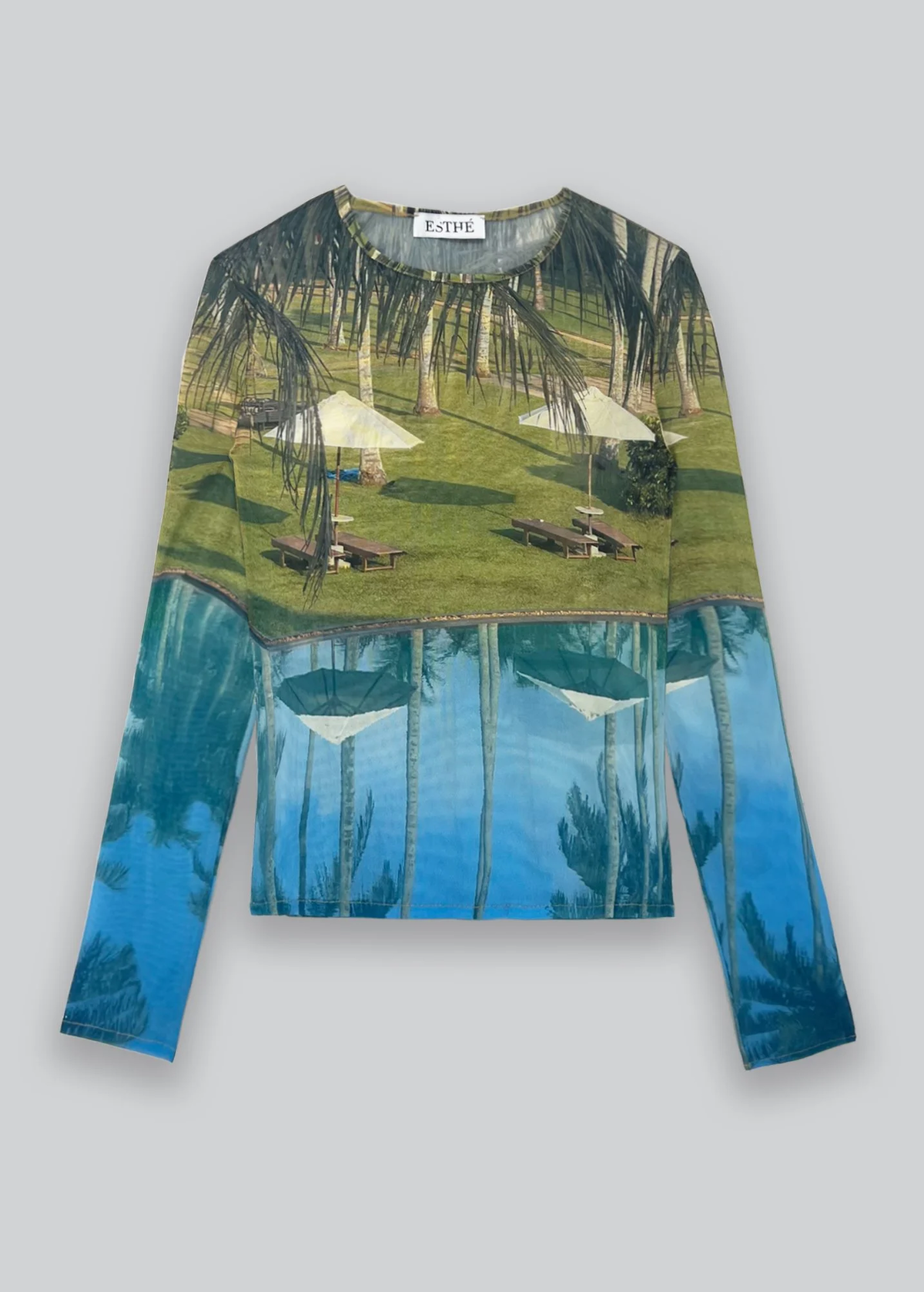 Flatlay of a Long-sleeve shirt with a tropical scene print 