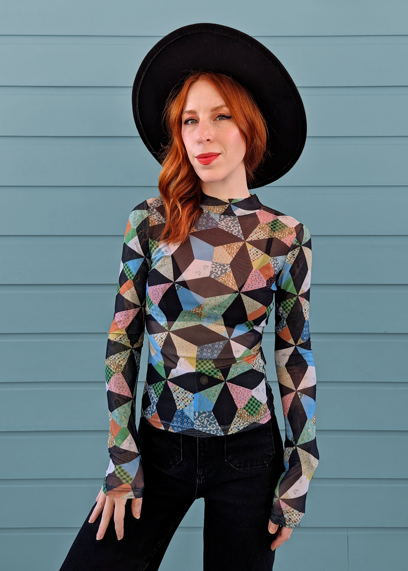 Star Quilt Mesh Mock Neck Top