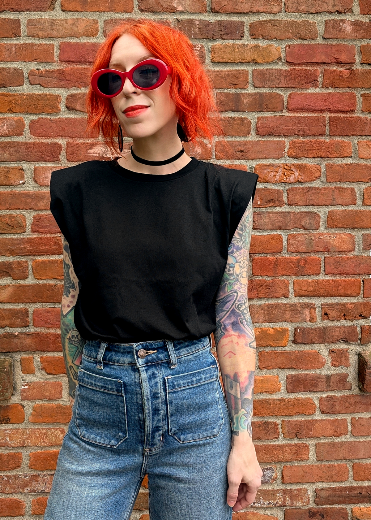 Black Shoulder Pad Muscle Tee