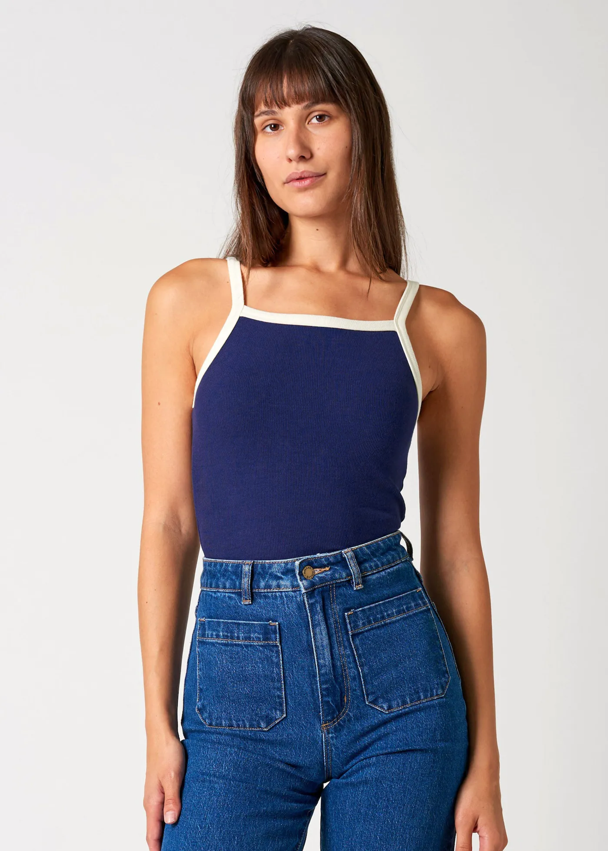Rolla's Jeans Naomi Tank in Marine Blue and White. Retro Summer Camp style tank with strappy straps and a ribbed blue body.