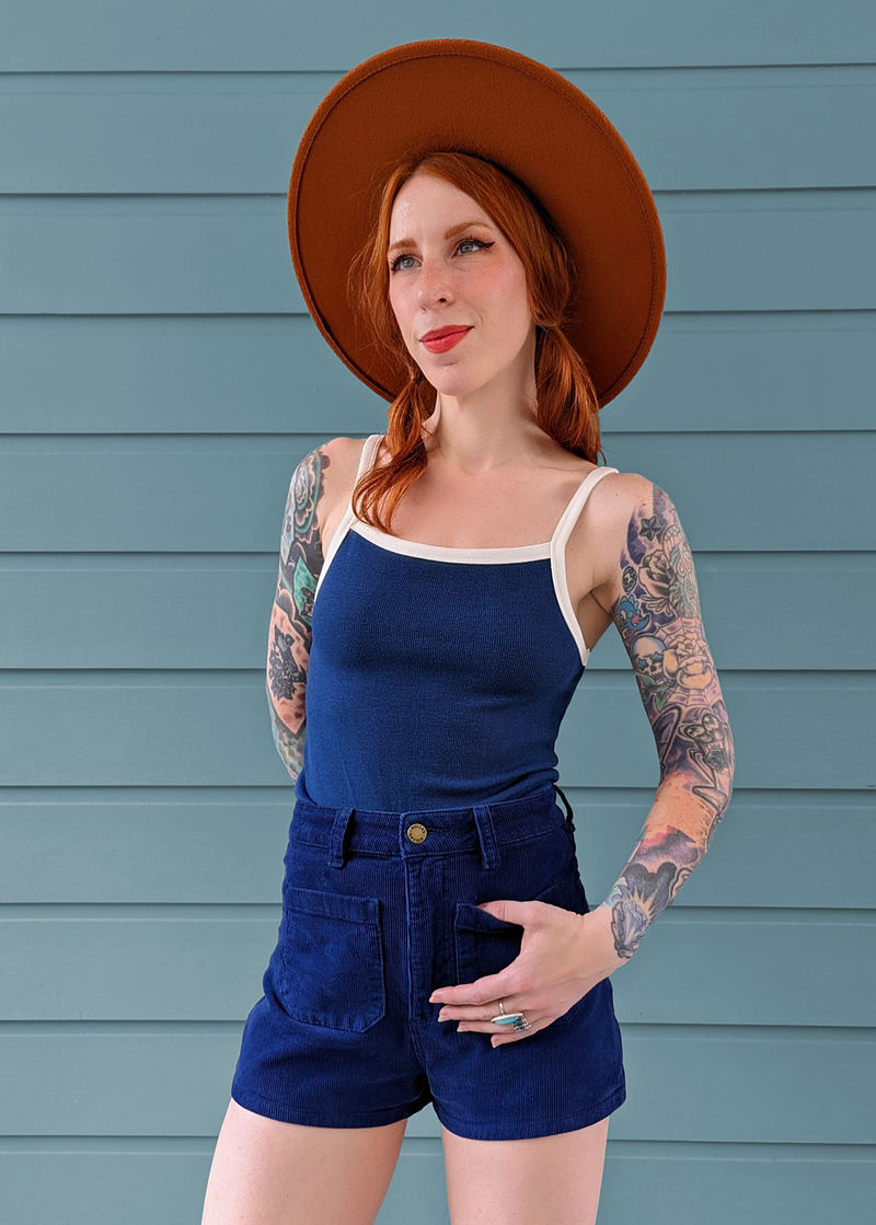 Rolla's Jeans Naomi Tank in Marine Blue and White. Retro Summer Camp style tank with strappy straps and a ribbed blue body.