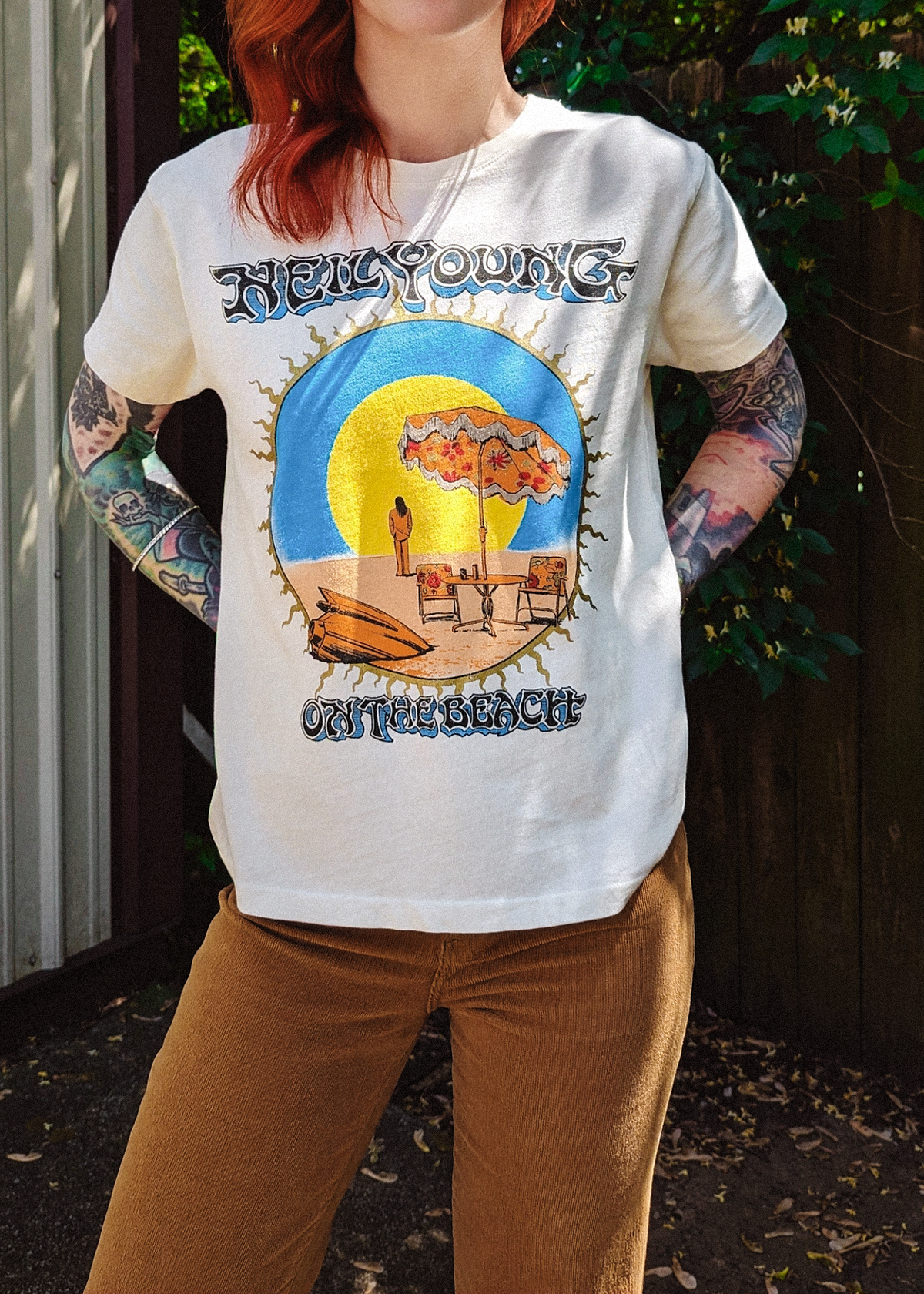 Neil Young On The Beach Tee by Daydreamer LA - made in California, USA, and officially licensed
