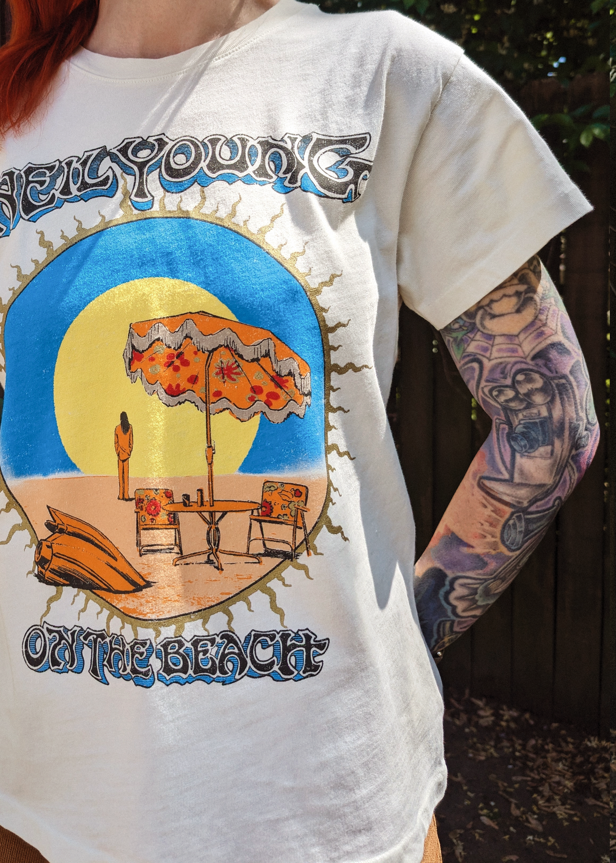 Neil Young On The Beach Tee by Daydreamer LA - made in California, USA, and officially licensed