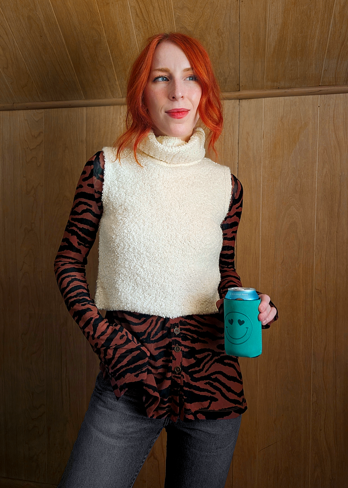 Cream Nubby Knit Sleeveless Turtleneck Vest