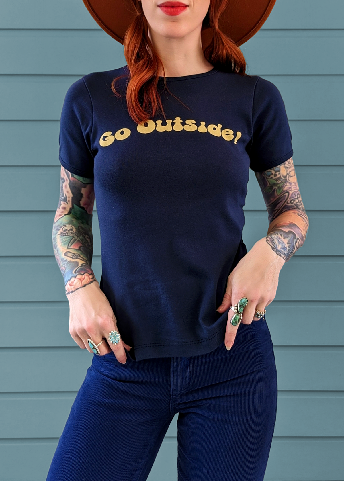 70s inspired Rib Ringer Tee in Navy with "Go Outside" graphics in yellow at front, by Rolla's Jeans
