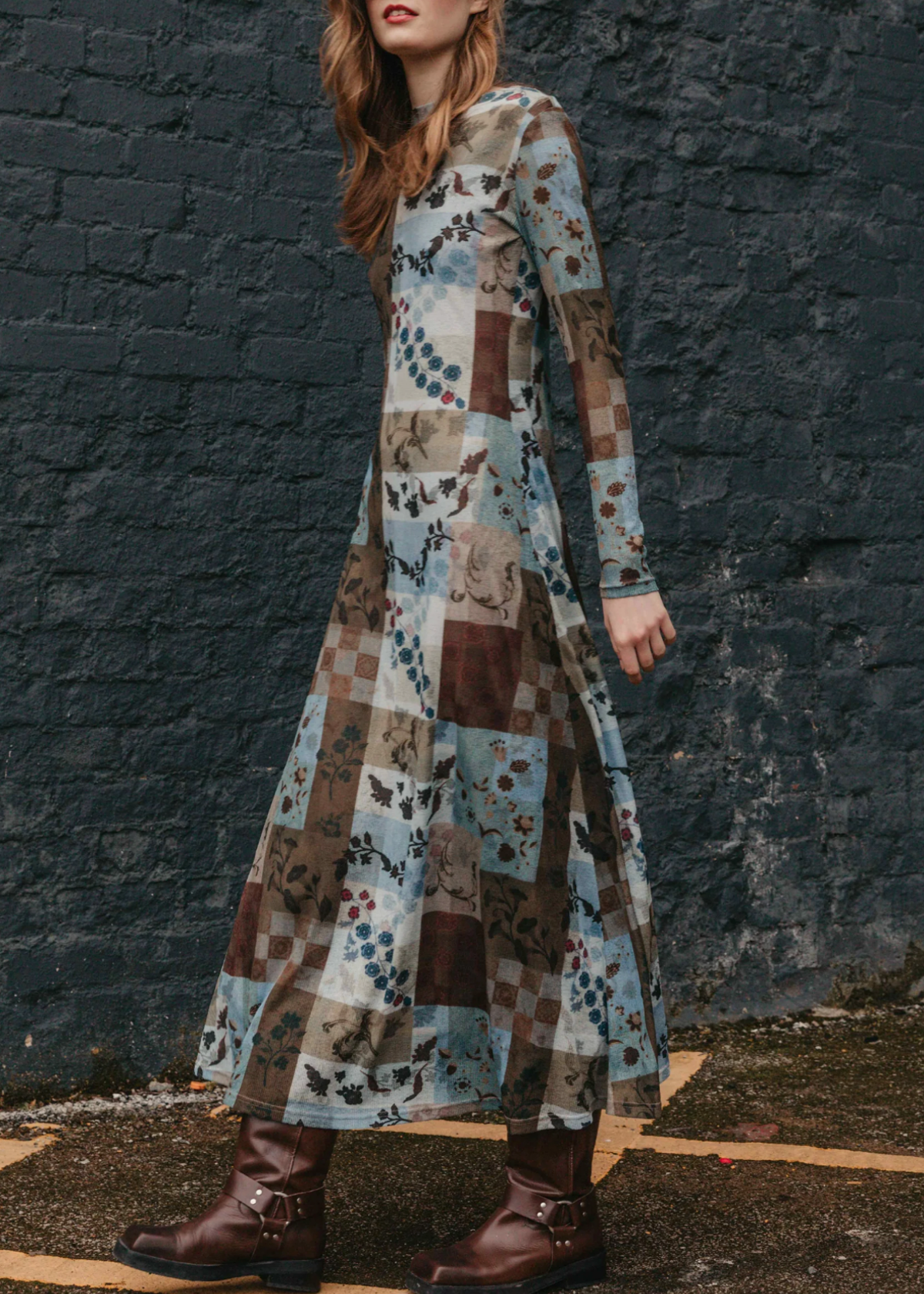 Patchwork Print Rib Mesh Midi-Maxi Dress