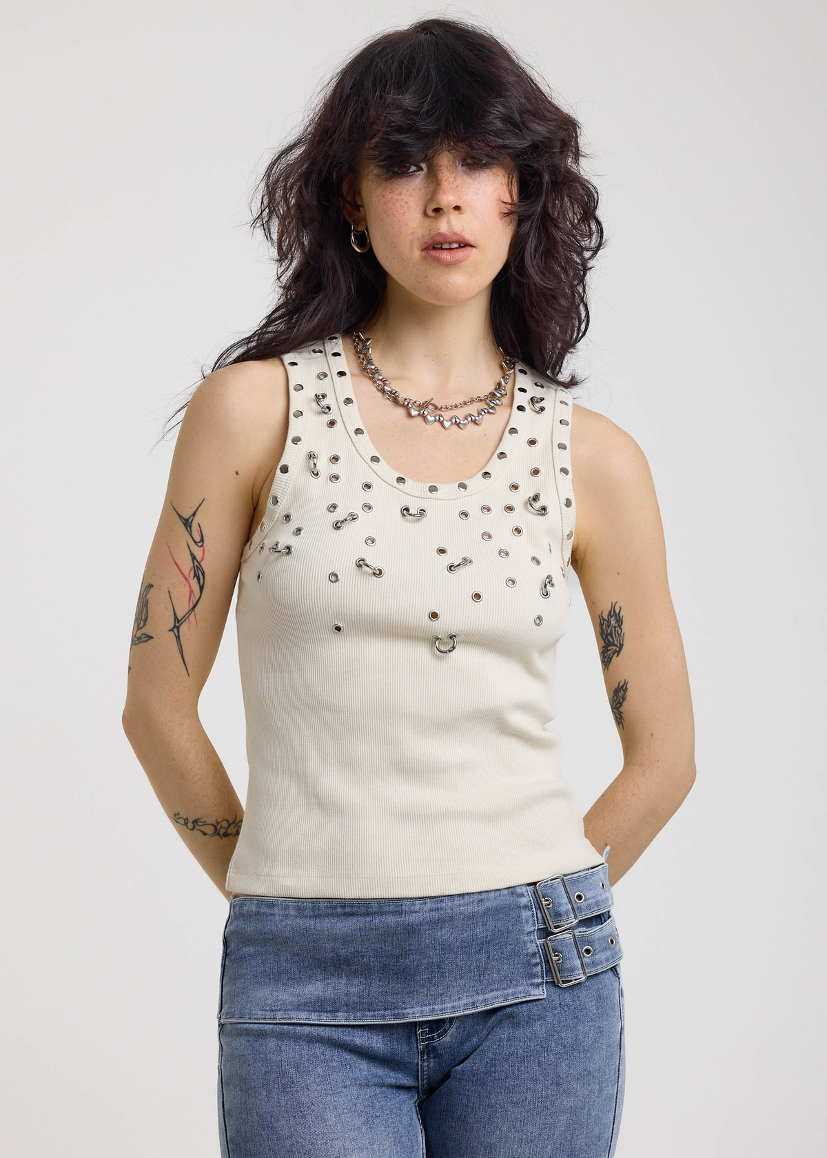 Scatter Studded Eyelet and Piercing Rib Tank Top by Ragged Priest