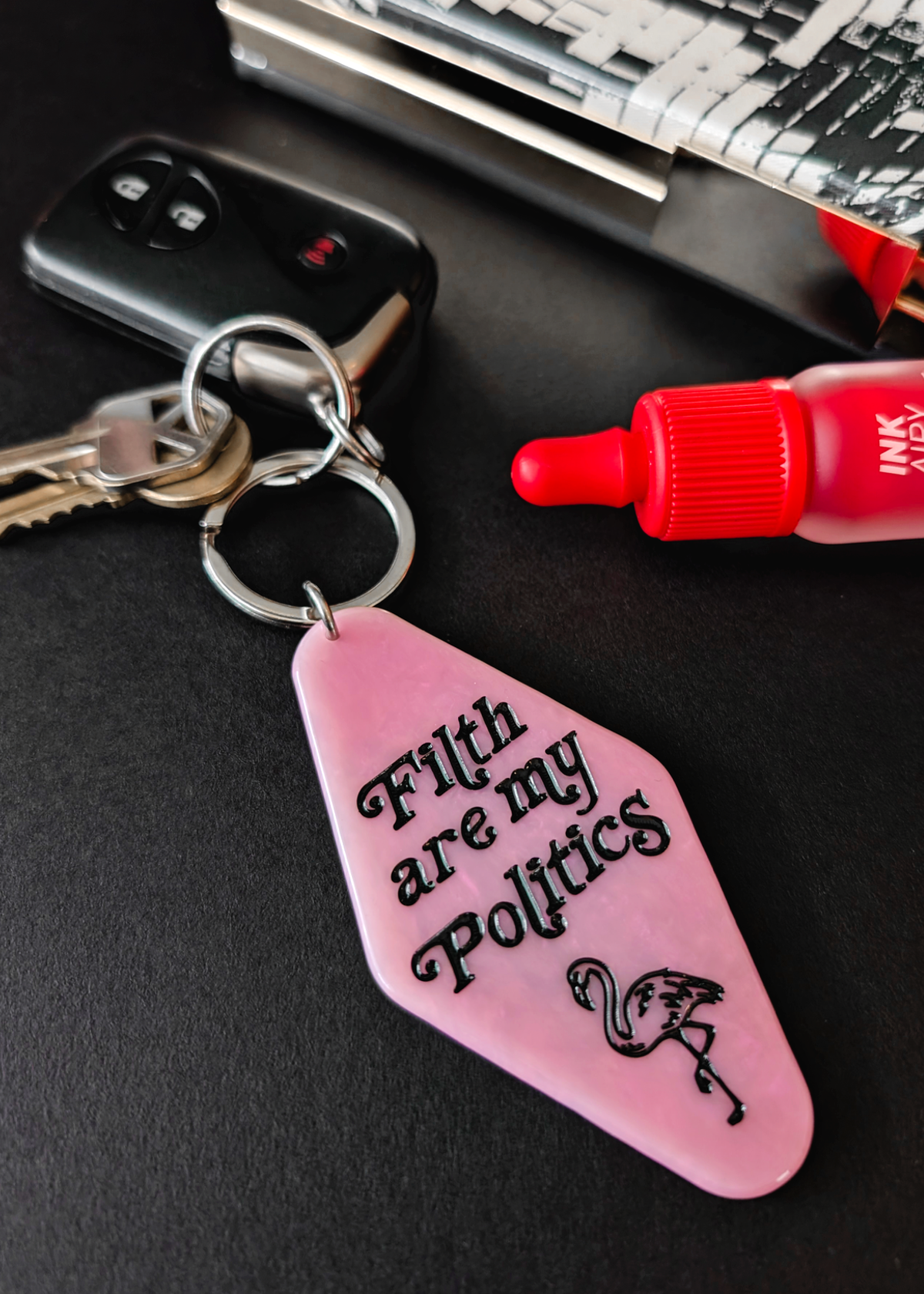 Filth Are My Politics Pink Flamingos Keychain