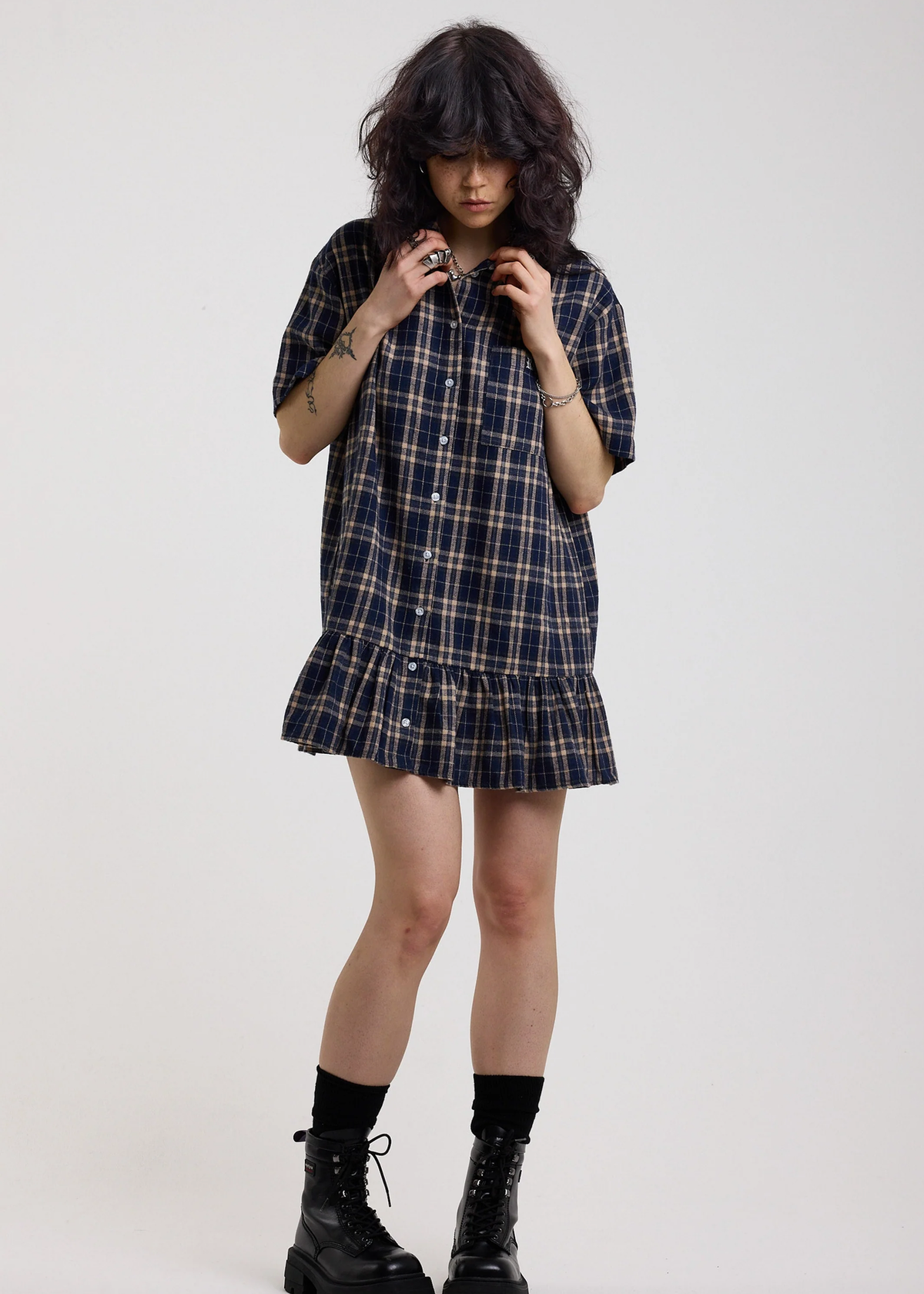 short sleeve tartan dress Women's Wrapped in Cheer Navy Plaid Mini Dress | Size: L