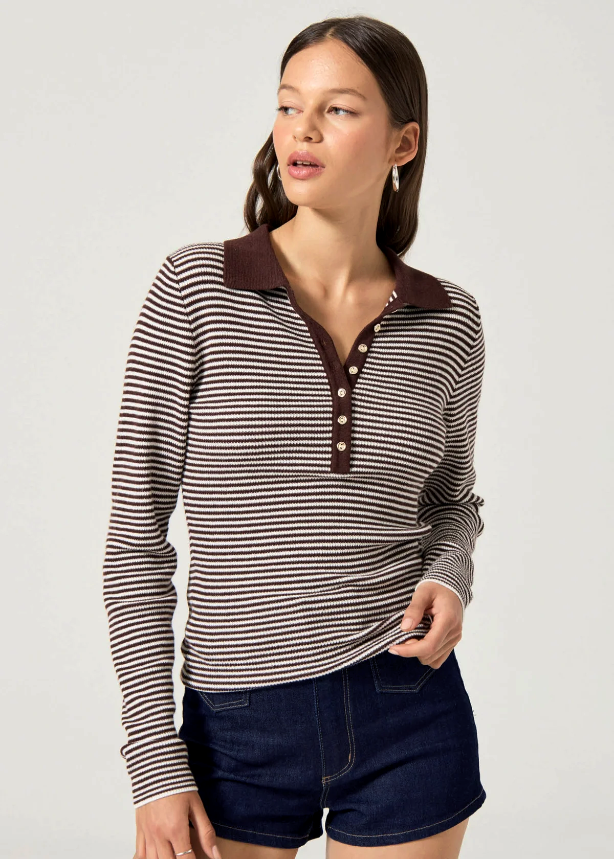 Chocolate Brown Stripe Lady Long Sleeve Rib Polo Shirt By Rolla's Chocolate Brown Stripe Lady Long Sleeve Rib Polo Shirt By Rolla's