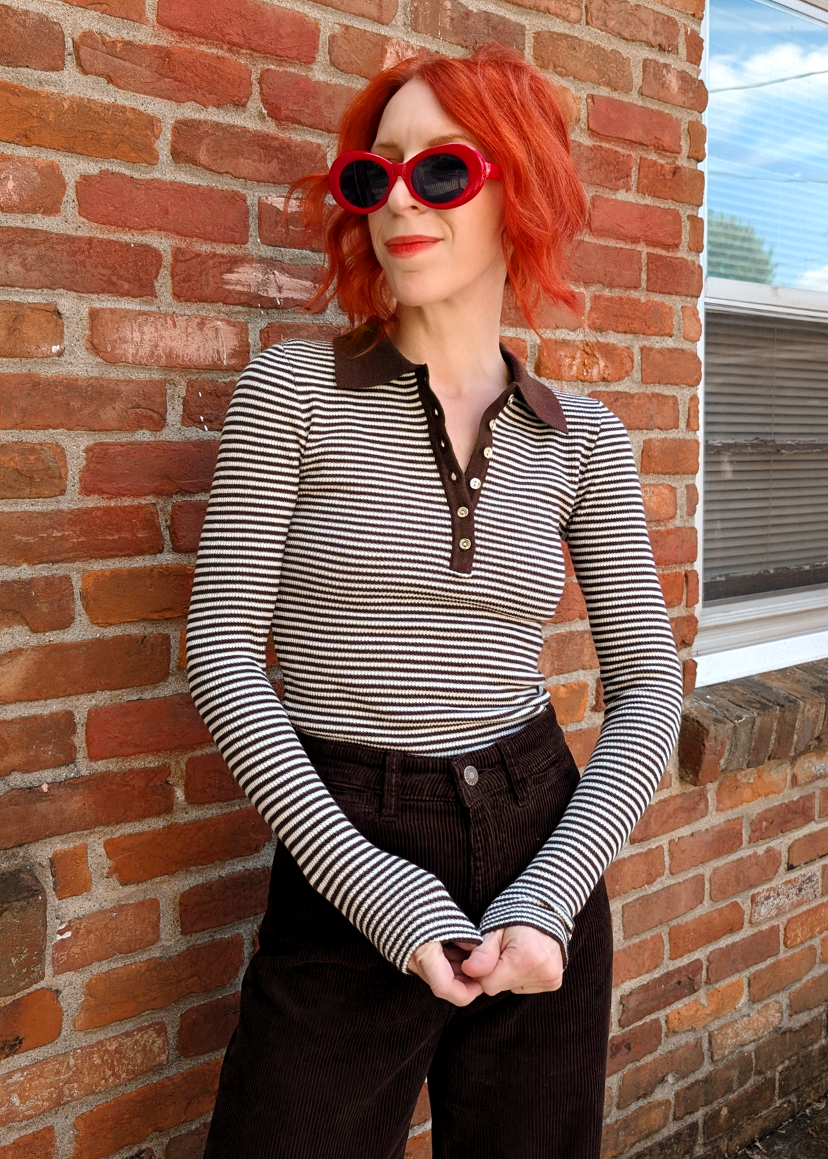 Chocolate Stripe Rib Knit Polo Top
