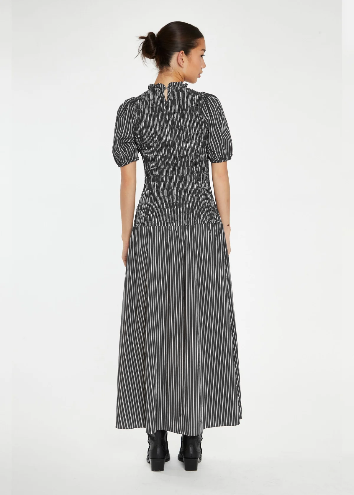 Winter River Grey Stripe Puff Sleeve Prairie Midi Maxi Dress by Winter River Grey Stripe Puff Sleeve Prairie Midi Maxi Dress by