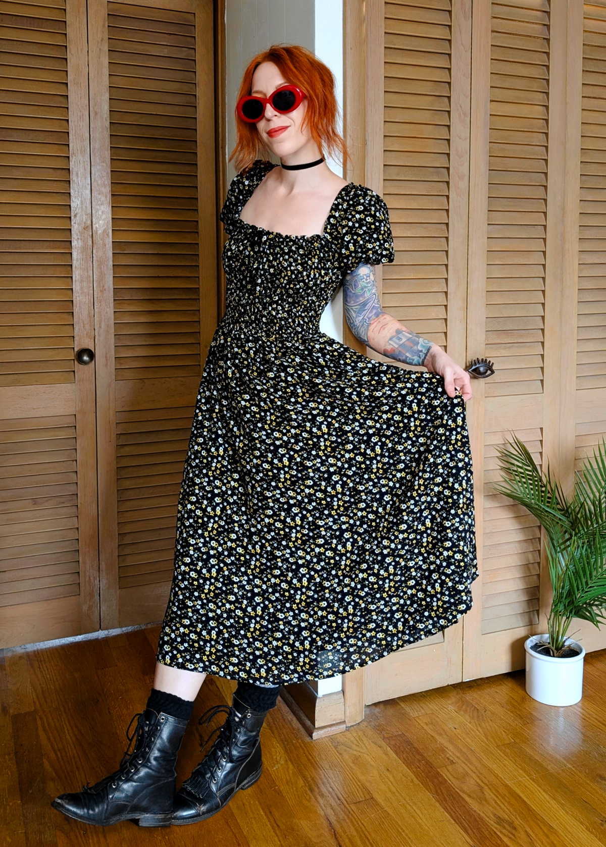 Black & Yellow Floral Shirred Midi Dress