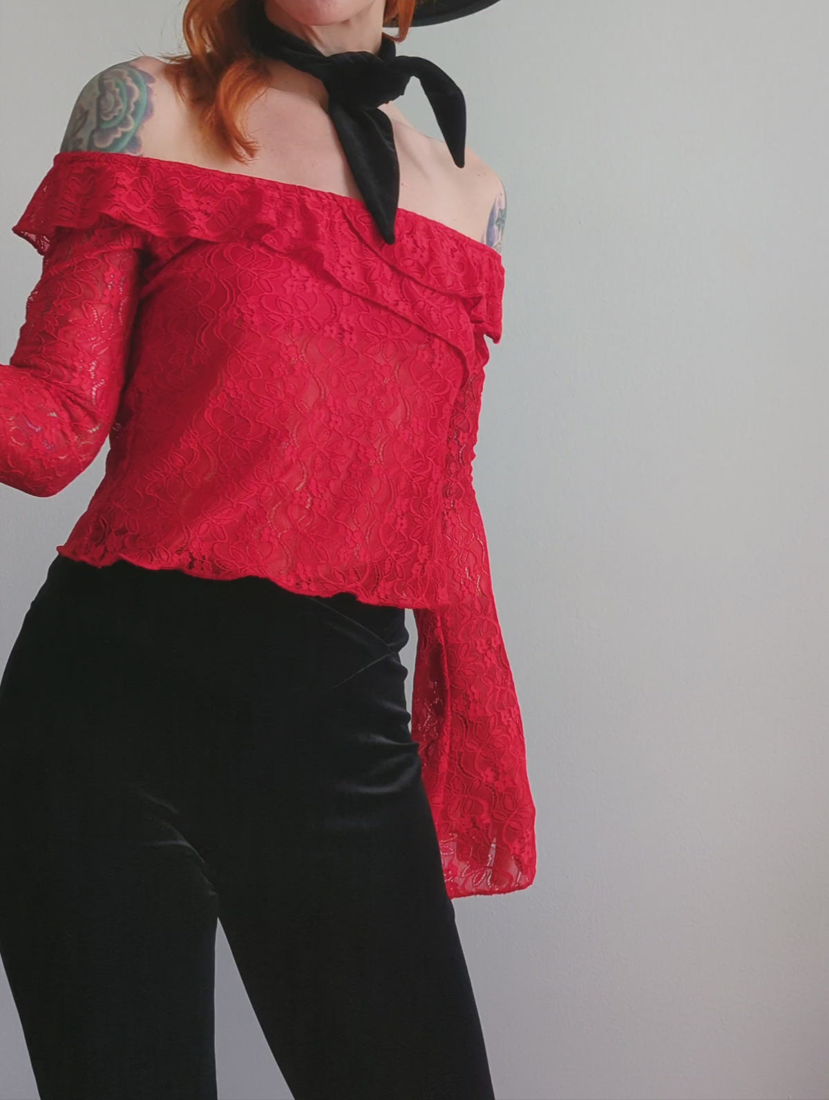 Romantic 90s inspired red lace off shoulder bardot top with bell sleeves by Motel Rocks