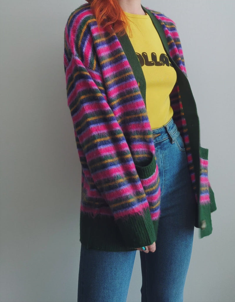 90s inspired grunge oversized grandpa cardigan with pockets and button front, in Garden Bloom green, pink and purple stripe by Daydreamer LA