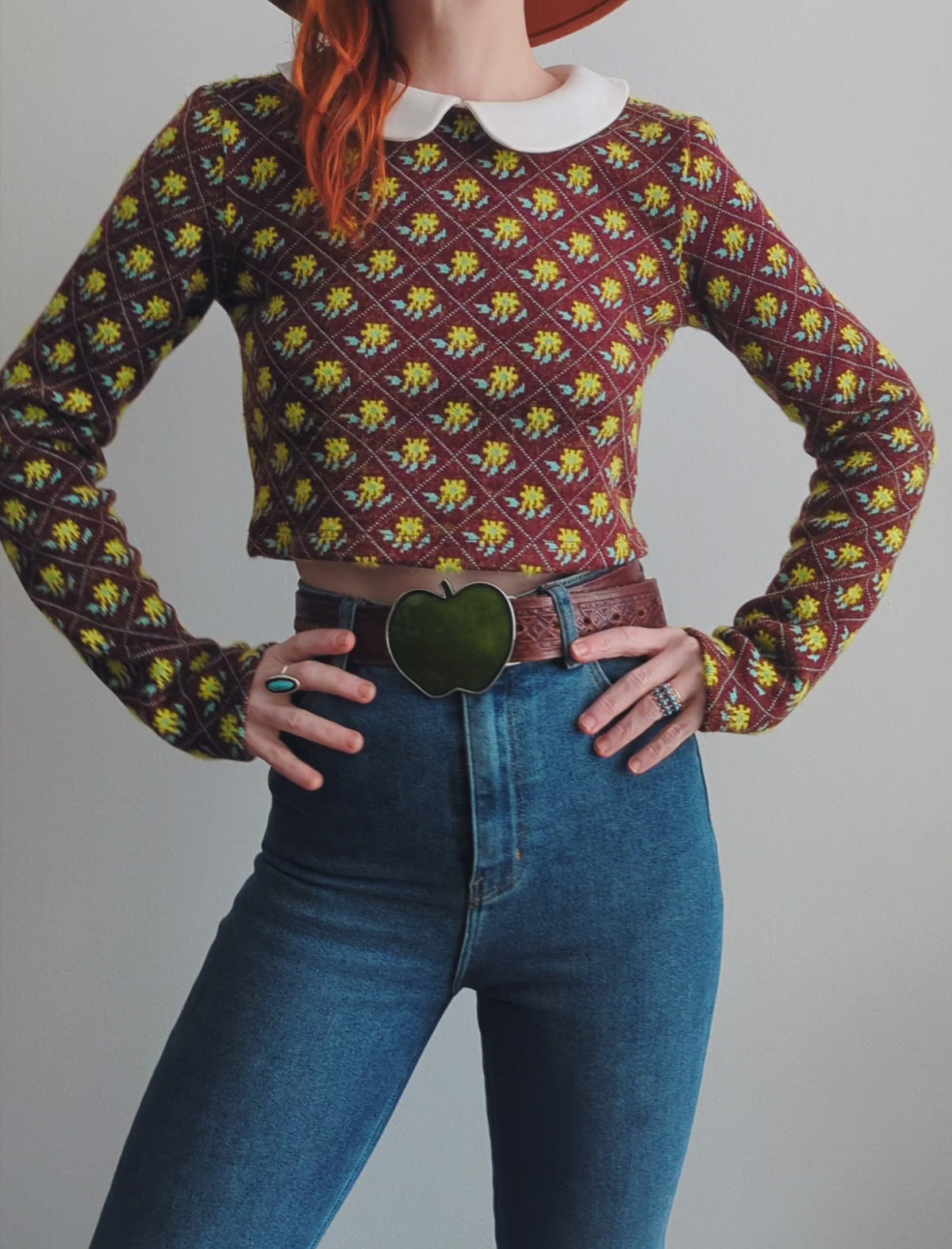 60s inspired Dolly Peter Pan Collar Burgundy Floral Knit Long Sleeve Crop Top by Glamorous UK