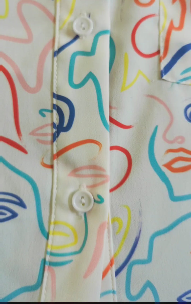 80s style abstract faces oversized collared button down shirt in multi-color print by Glamorous UK