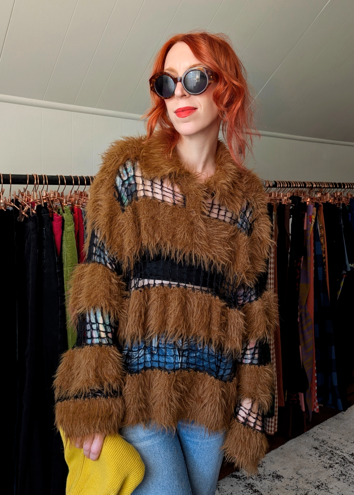 Lapse Fuzzy Open Knit Polo Sweater