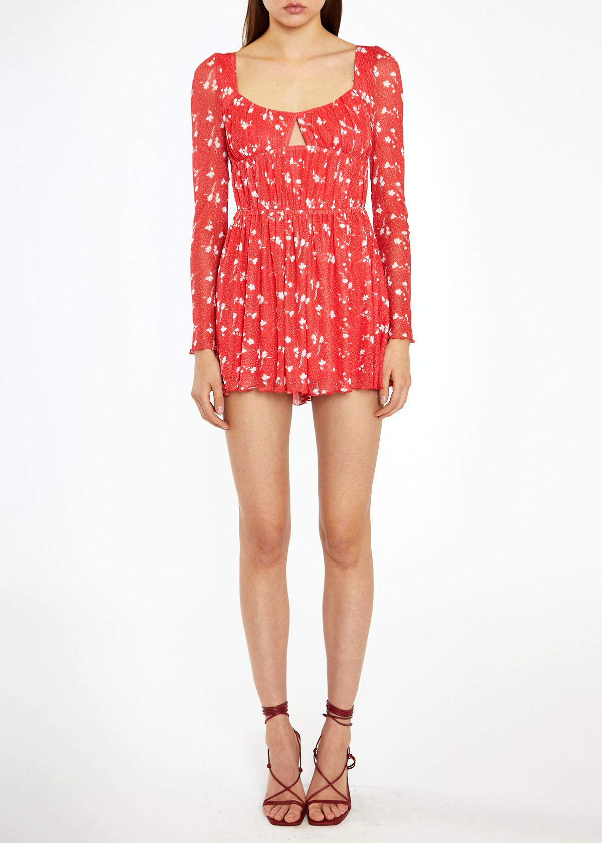 Slinky Stretchy Sun Faded Red and White Floral Mesh Long Sleeve Playsuit Romper by Glamorous UK