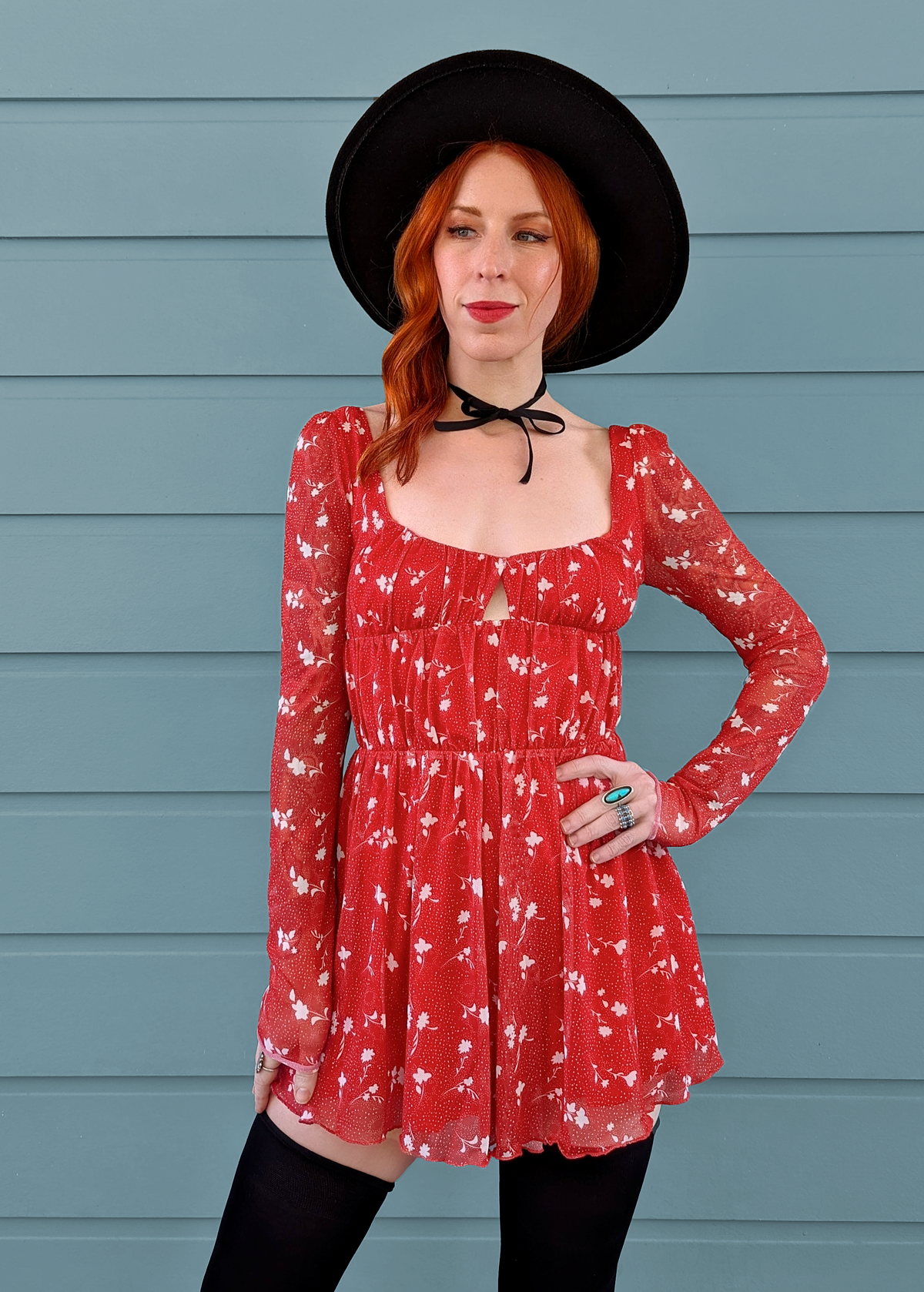 Sun Faded Red Floral Smocked Mesh Playsuit