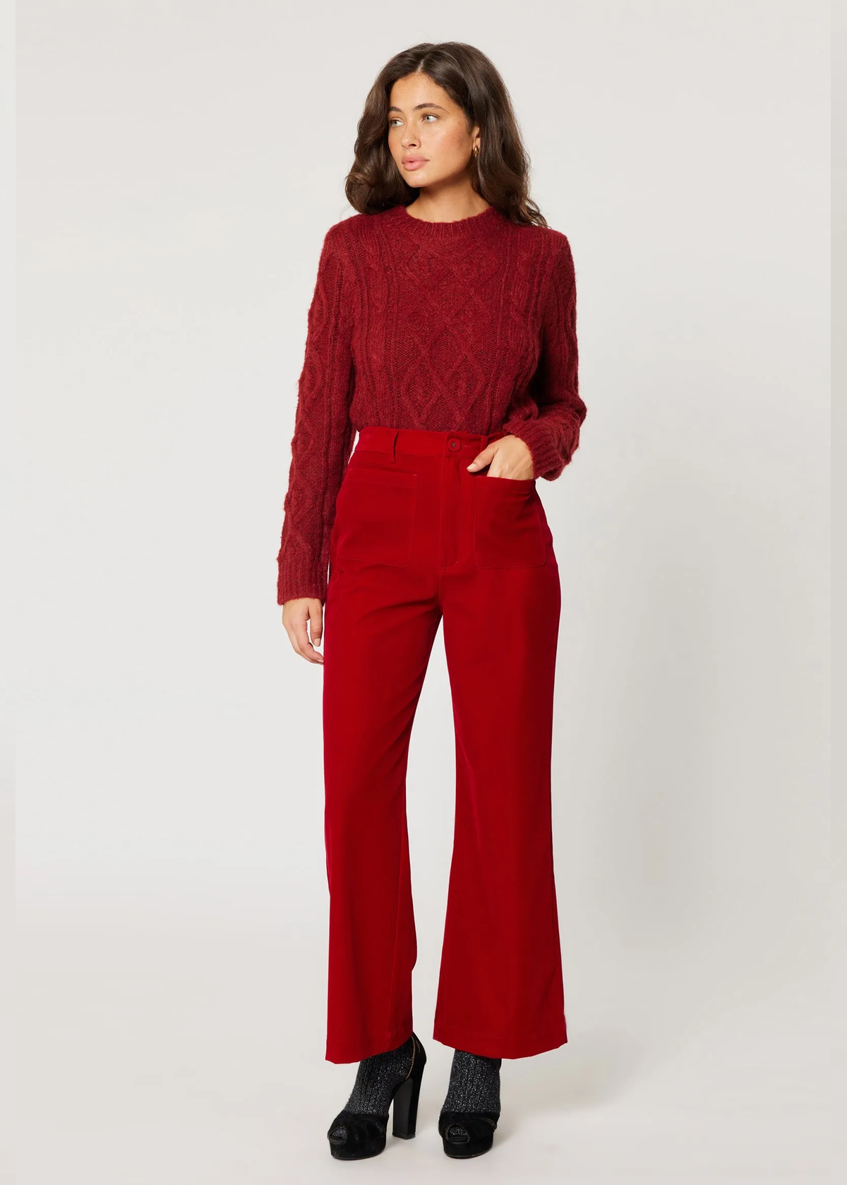 パンツ Red Sailor Wool Trousers Pants Ruby Red Velvet Holiday Wide Leg Ankle Length Sailor Pants