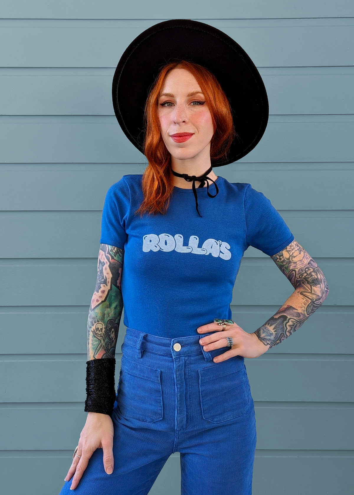 70s inspired cobalt blue Rolla's Bubble logo ringer rib short sleeve tee by Rolla's Jeans