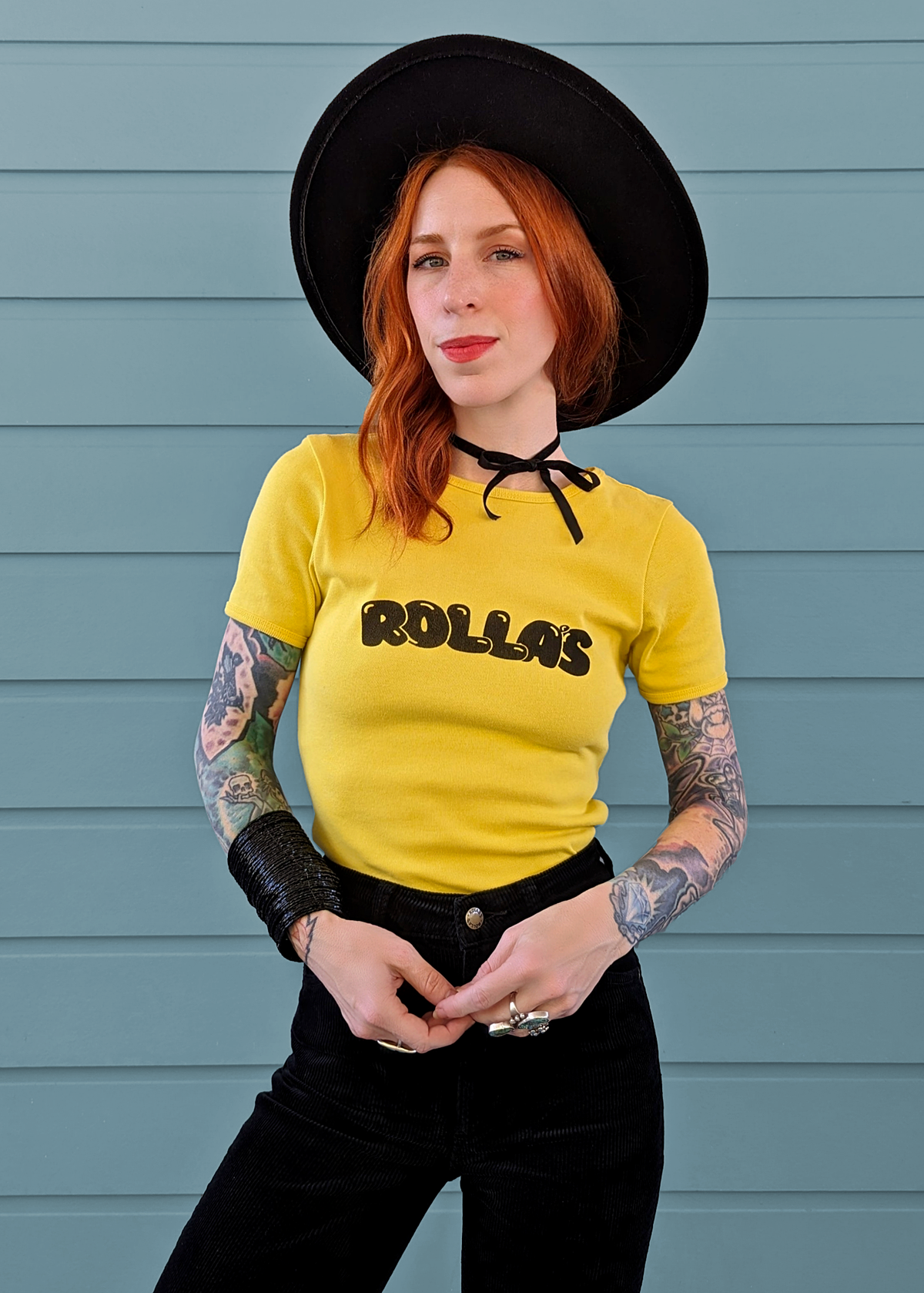 70s inspired golden yellow rib ringer tee with Rolla's bubble graphics at front in black, by Rolla's Jeans
